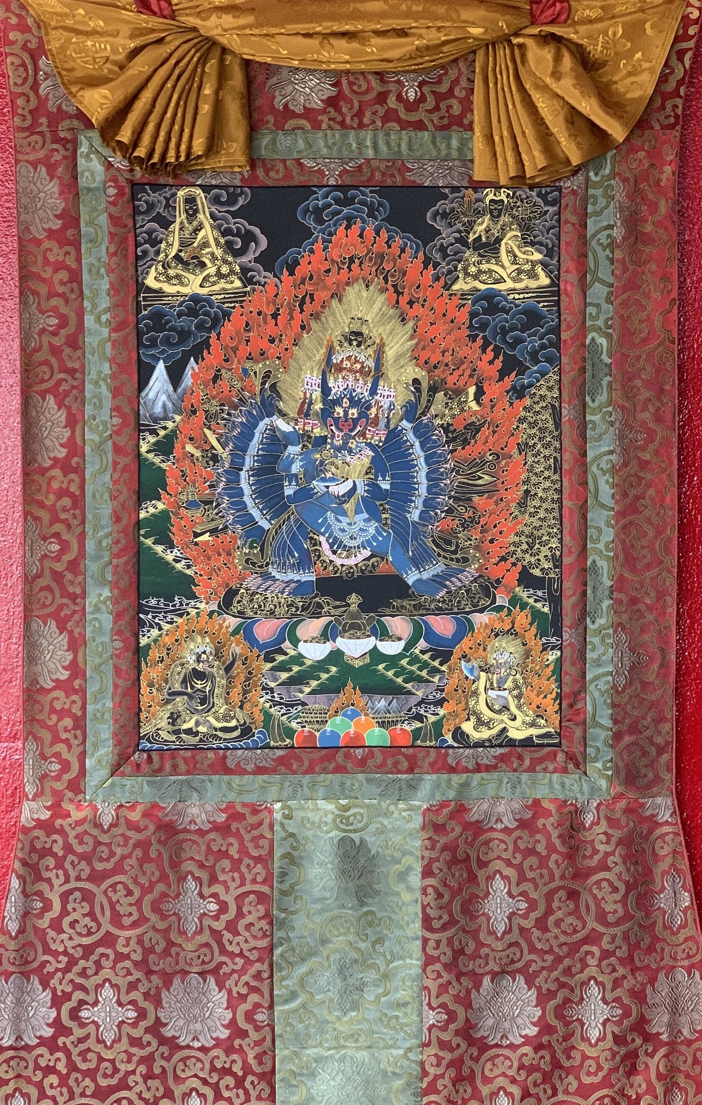 Hand Painted Original Yamantaka with His Consort High-Quality Tibetan Thangka Painting/ wall hanging with Silk Brocade