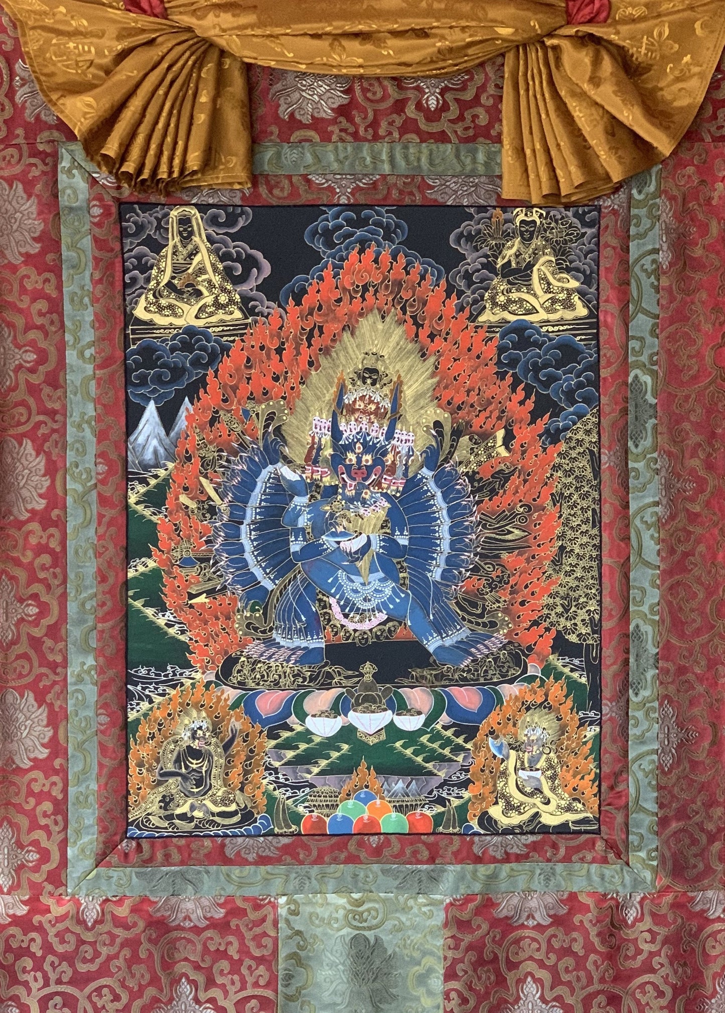 Hand Painted Original Yamantaka with His Consort High-Quality Tibetan Thangka Painting/ wall hanging with Silk Brocade