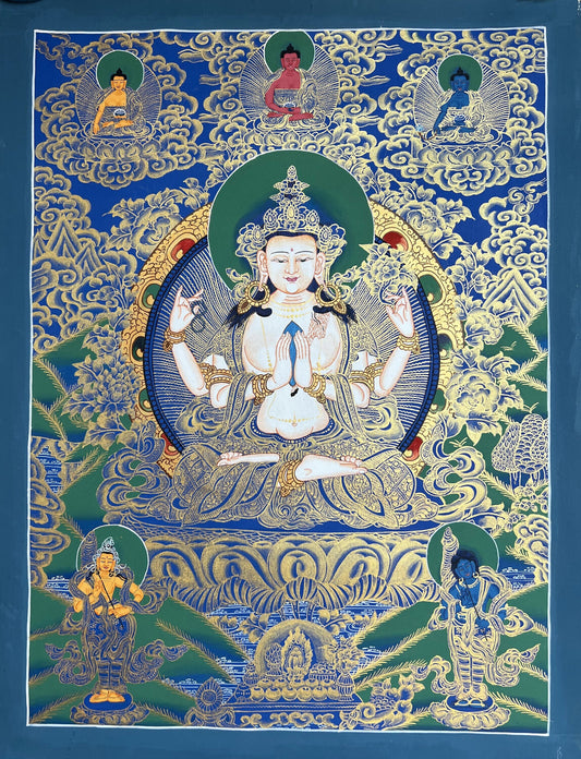 Original Hand Painted Chenrezig / Compassion Buddha Tibetan Meditation Wall Hanging Thangka / Thanka Painting from Nepal