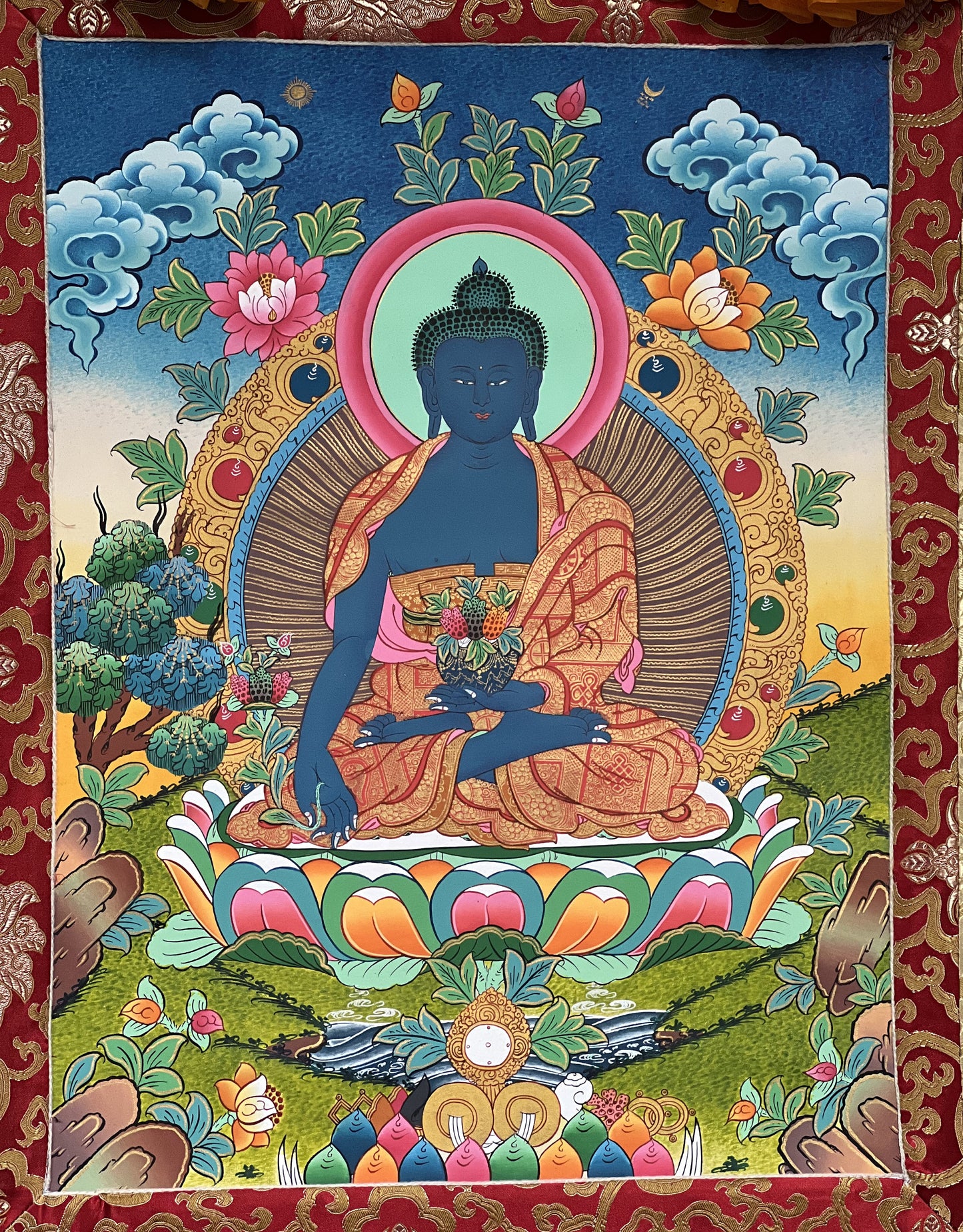 Original Hand-painted Medicine Buddha/ Bhaisajyaguru/ Tibetan Thangka Painting with Traditional Silk Brocade