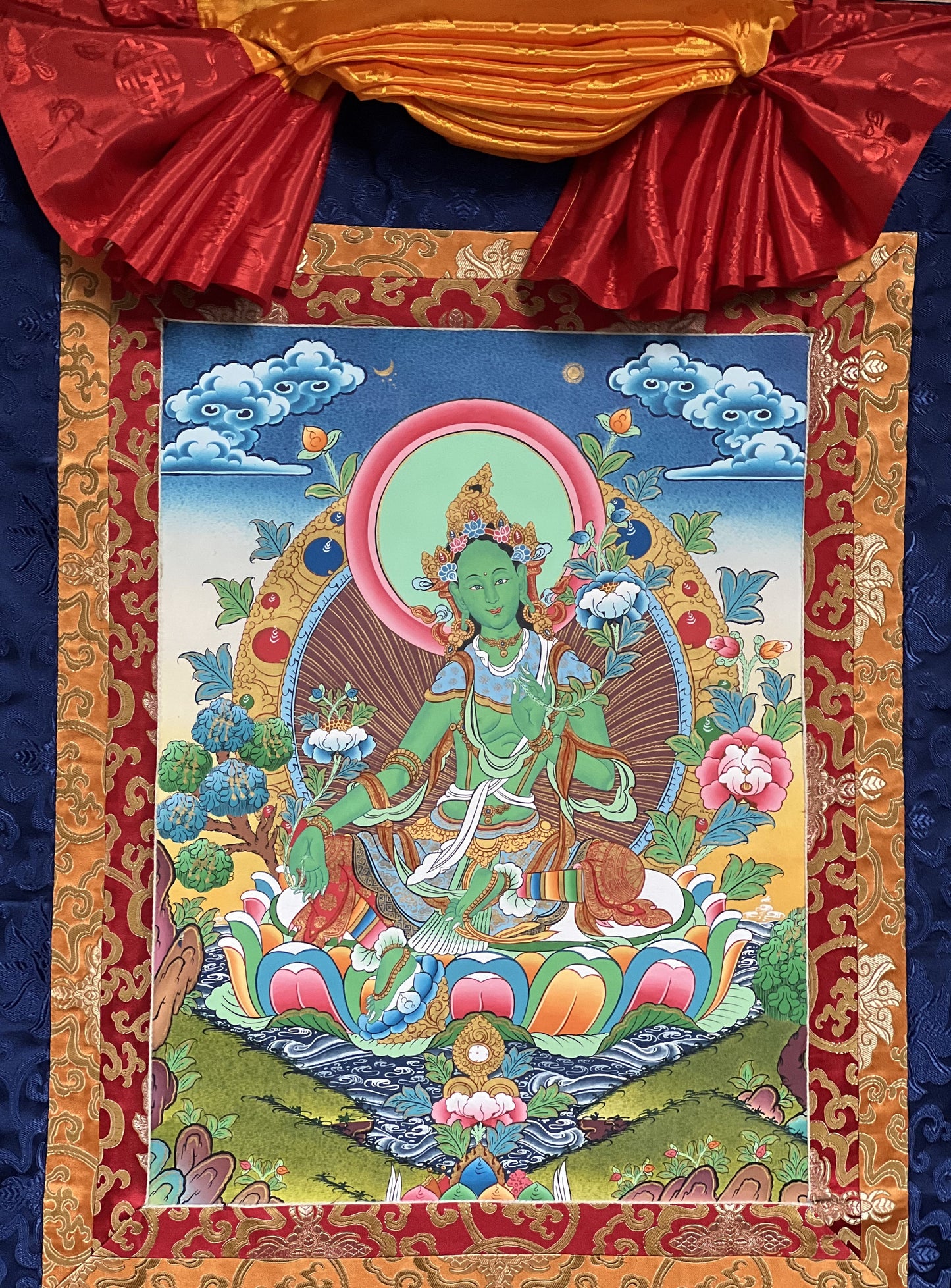 Hand-painted Original Master Quality Green Tara Tibetan Compassion Meditation Thanka  / Thangka Painting with Traditional Silk Brocade