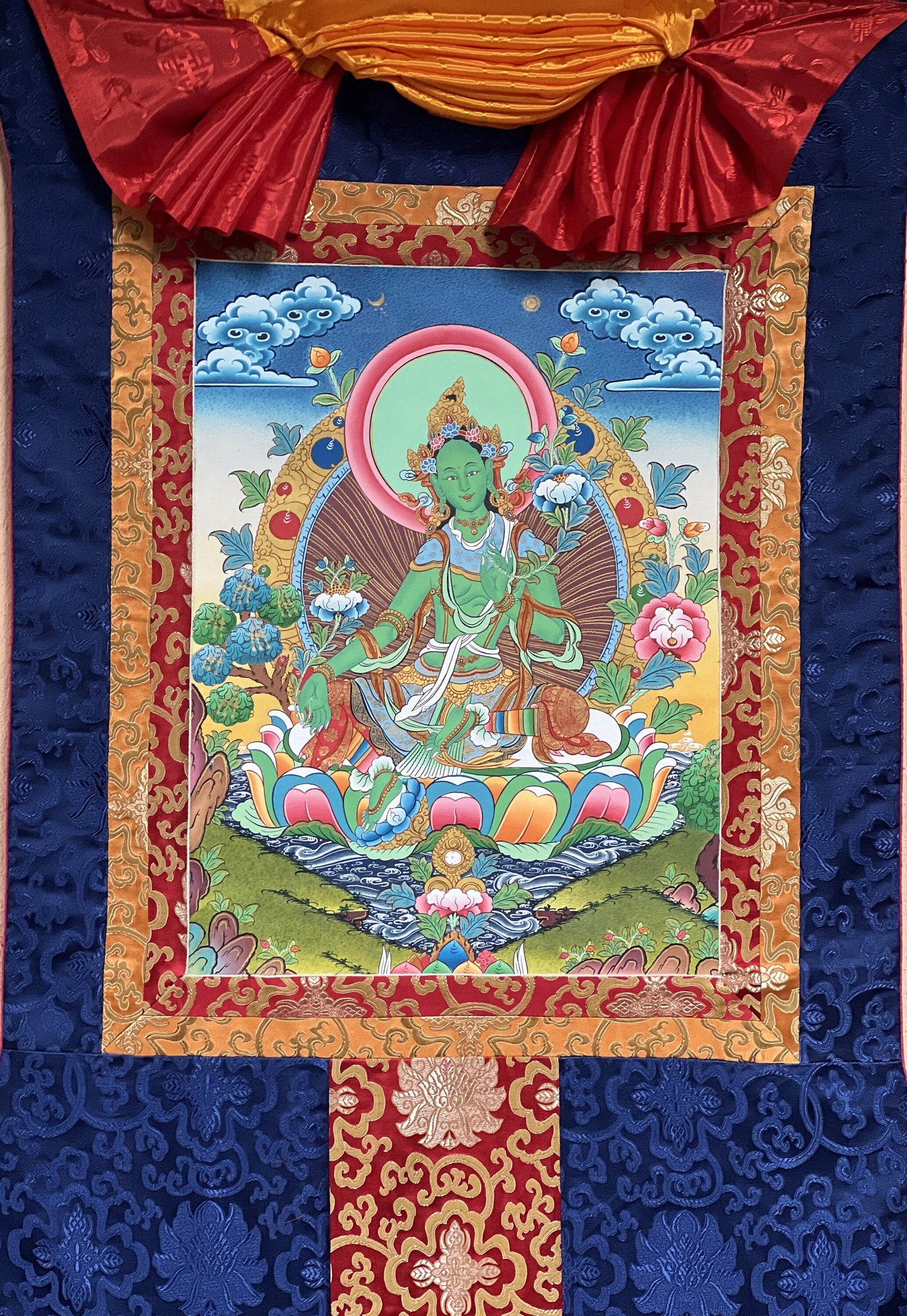 Hand-painted Original Master Quality Green Tara Tibetan Compassion Meditation Thanka  / Thangka Painting with Traditional Silk Brocade