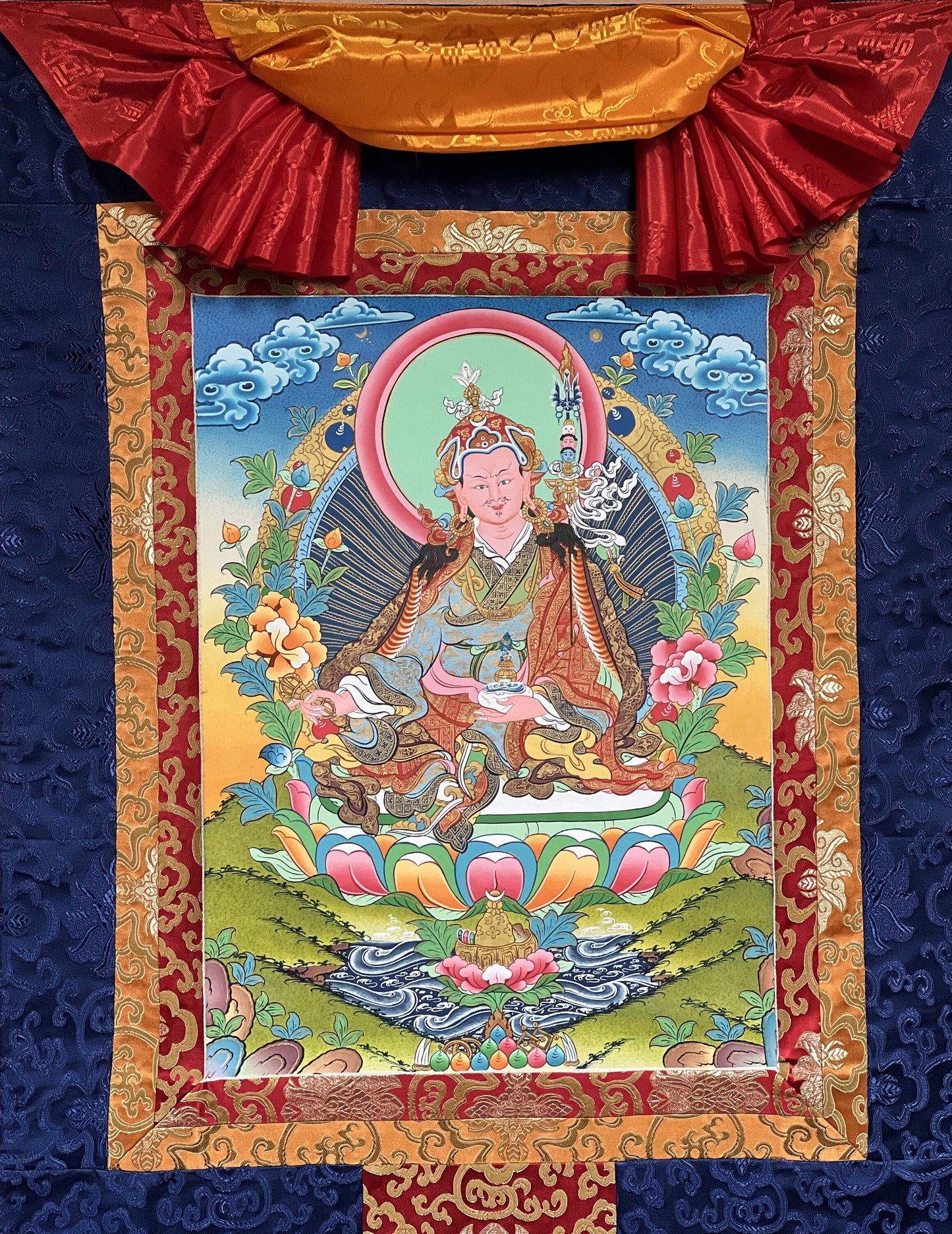 Original Hand-painted Guru Rinpoche Padmasambhava Masterpiece Gold Tibetan Thangka / Thanka  Painting With Traditional Silk Brocade