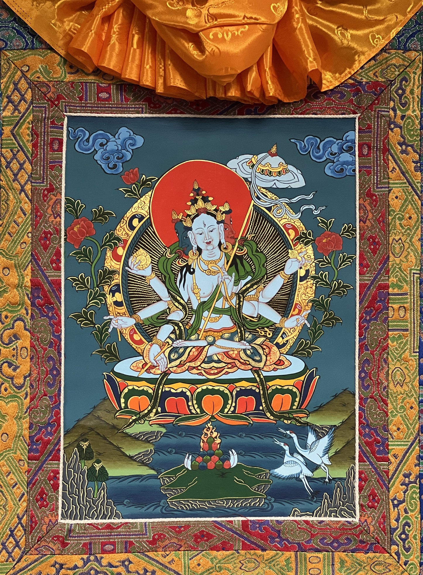 Original Hand painted Master Quality  Dukar/ Dhukar/Sitatapatra Lady of White Umbrella Meditation Tibetan Thangka Painting with Silk Brocade