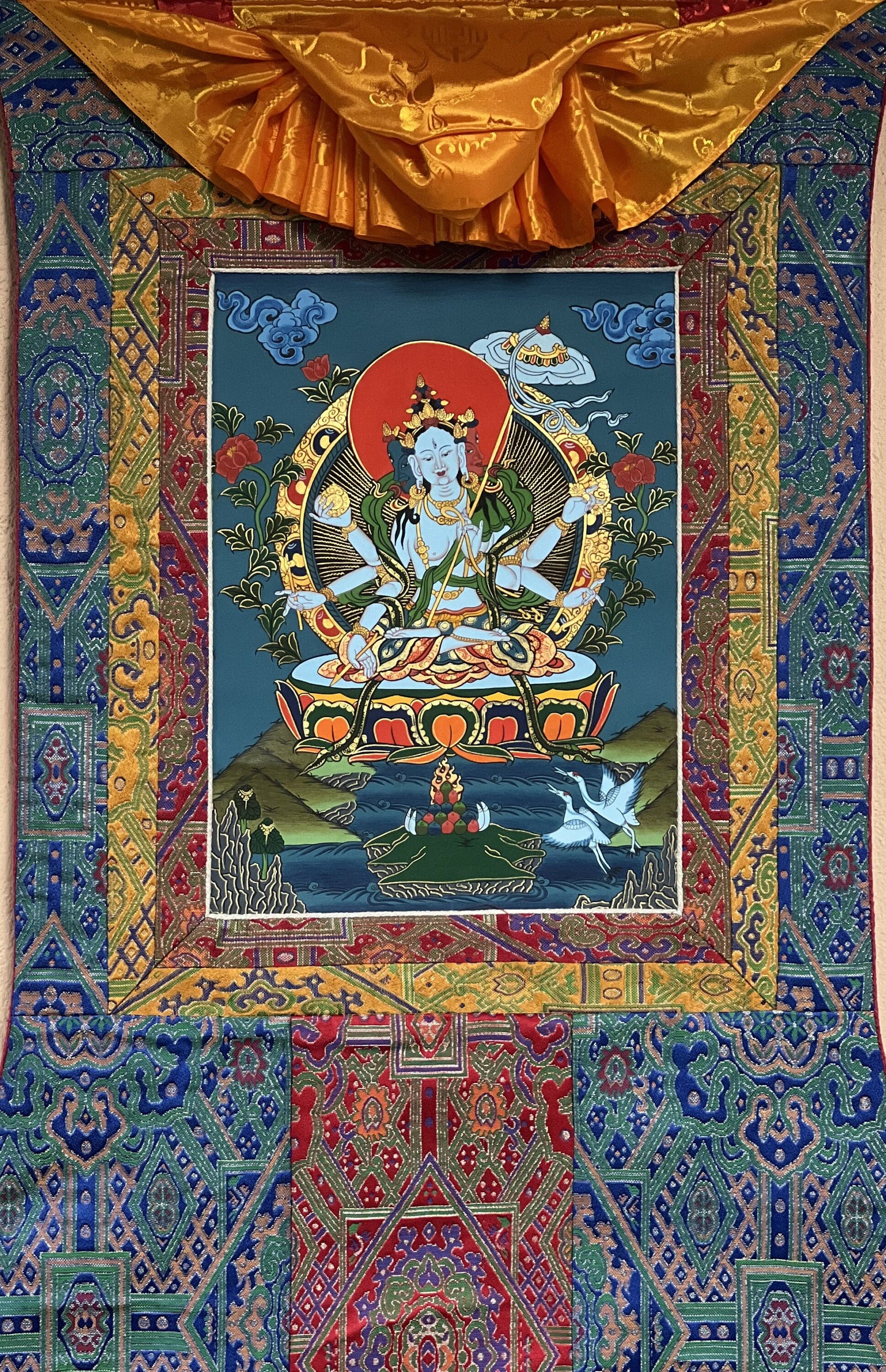 Original Hand painted Master Quality  Dukar/ Dhukar/Sitatapatra Lady of White Umbrella Meditation Tibetan Thangka Painting with Silk Brocade