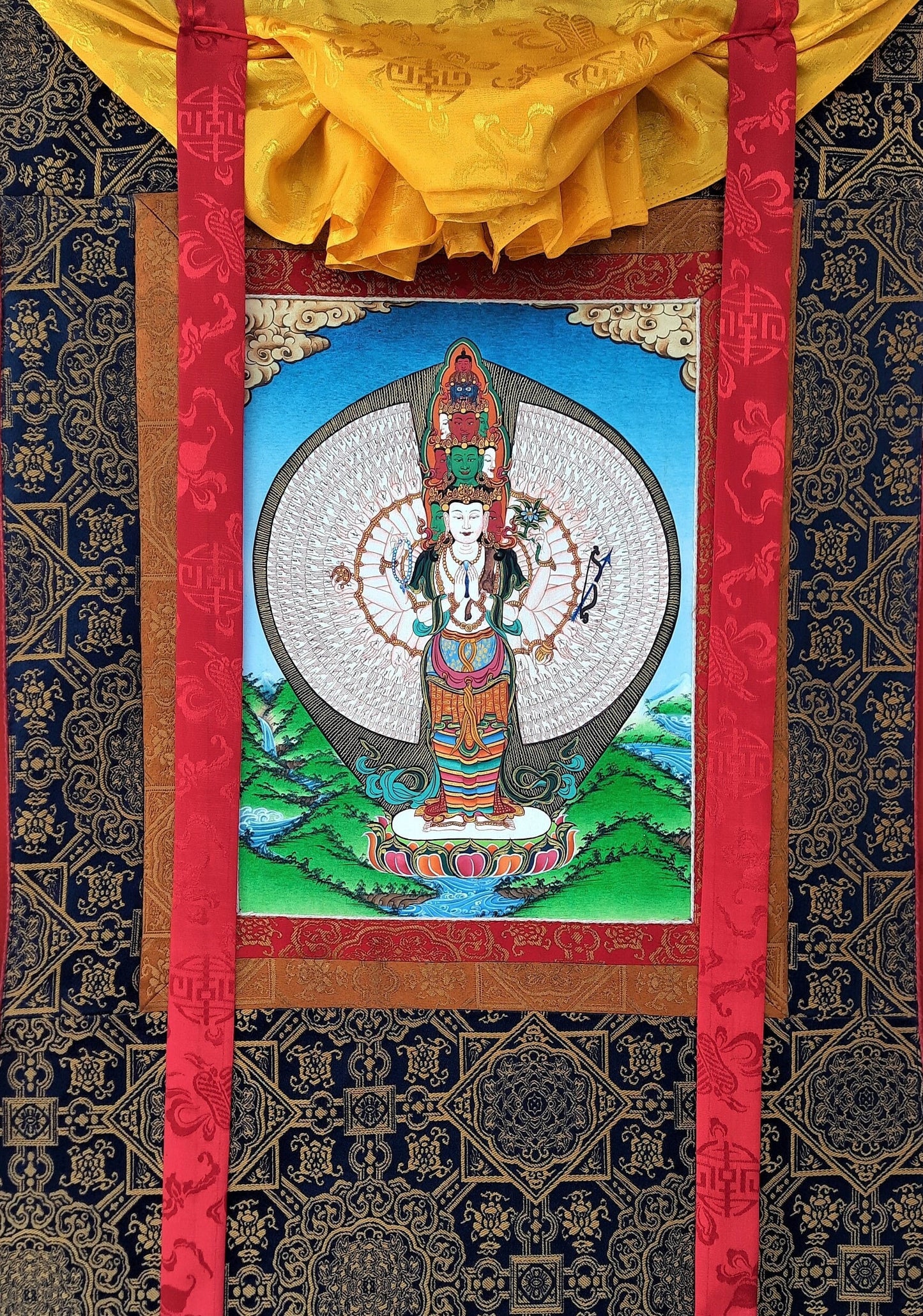 Original Hand Painted 1000 ARMED AVALOKITESHVARA /Lokeshwor/ 24k Gold Tibetan  hangka / Thanka  Painting High Quality Silk Framed