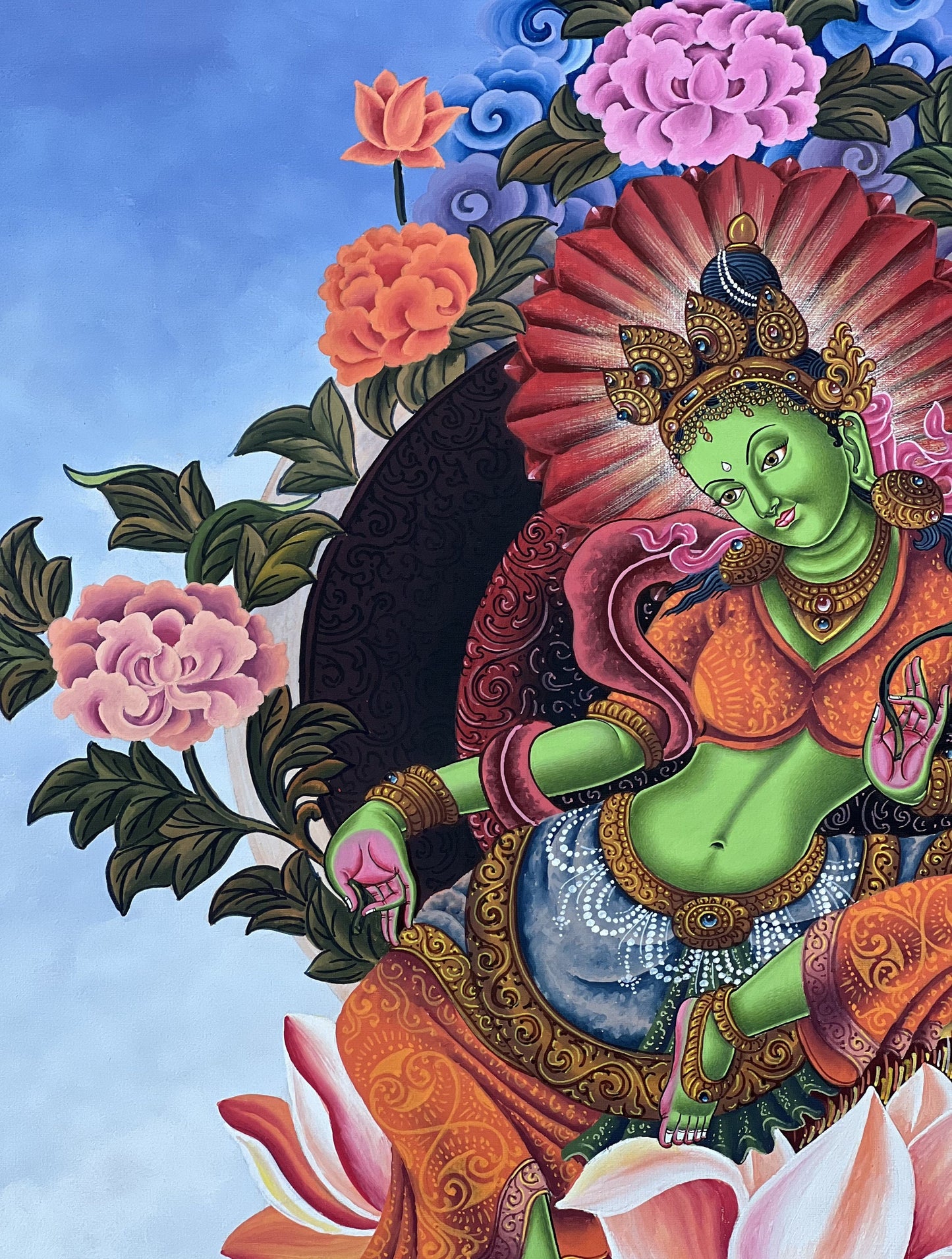 Original Hand-painted Very High-Quality Masterpiece Green Tara/ Shyamtara Newari Pauva/ Paubha/ Thangka Painting Compassion Meditation Art