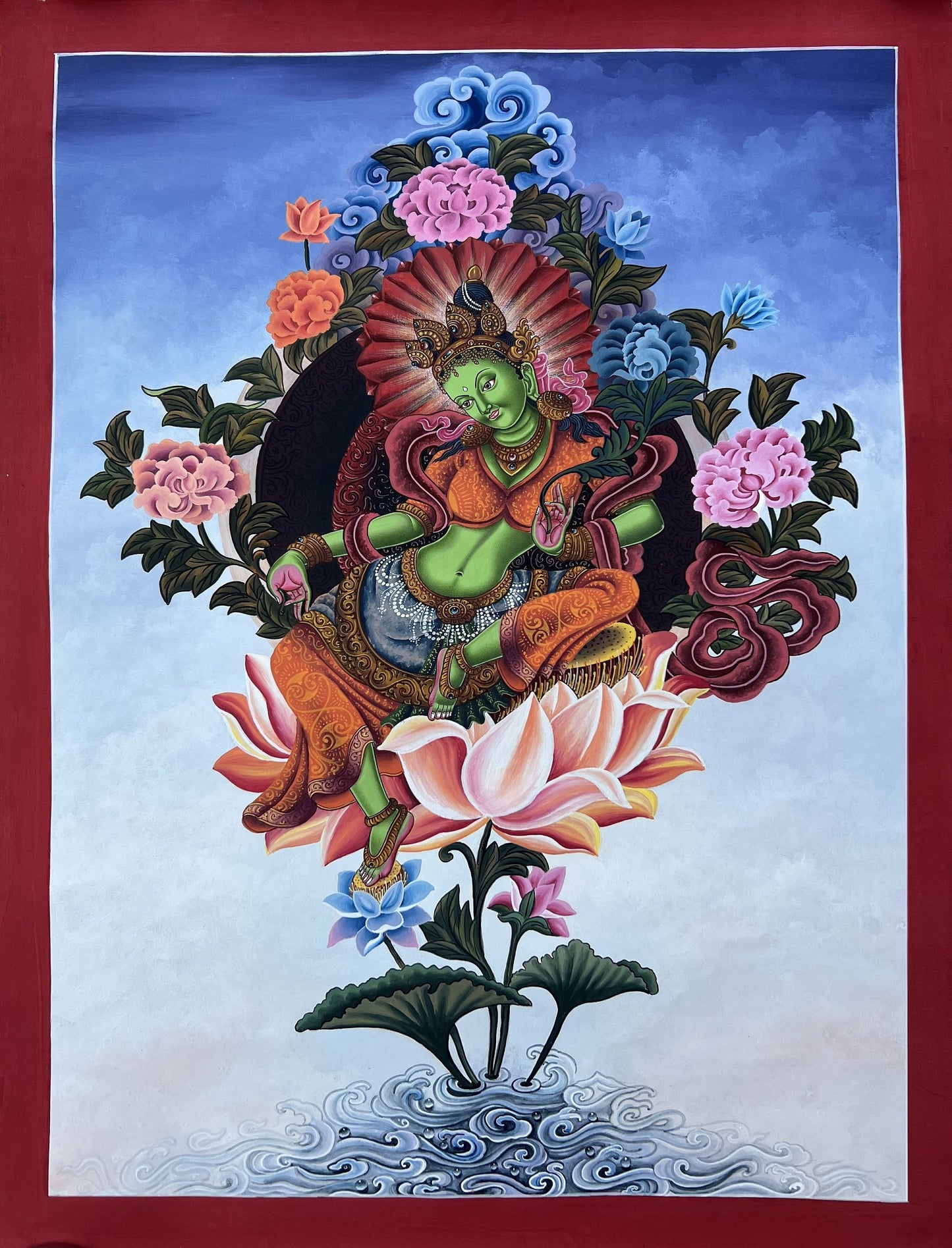 Original Hand-painted Very High-Quality Masterpiece Green Tara/ Shyamtara Newari Pauva/ Paubha/ Thangka Painting Compassion Meditation Art