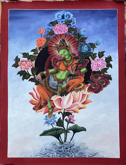 Original Hand-painted Very High-Quality Masterpiece Green Tara/ Shyamtara Newari Pauva/ Paubha/ Thangka Painting Compassion Meditation Art