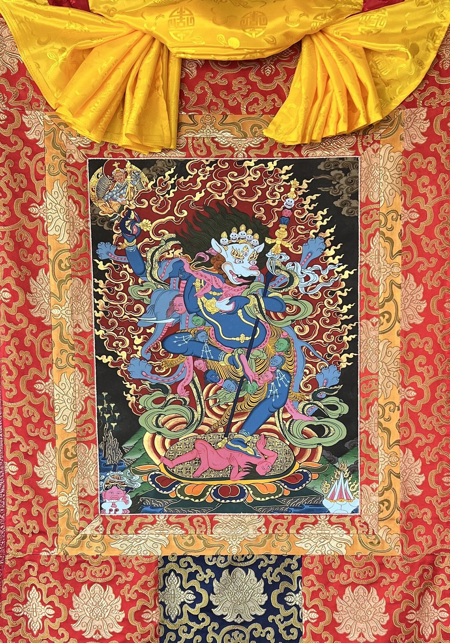 Original Hand-Painted Simhamukhi or Simhamukha Yogini/Lion-Faced Dakini/ Vajrayogini/ Tibetan Thangka Painting with Silk Brocade