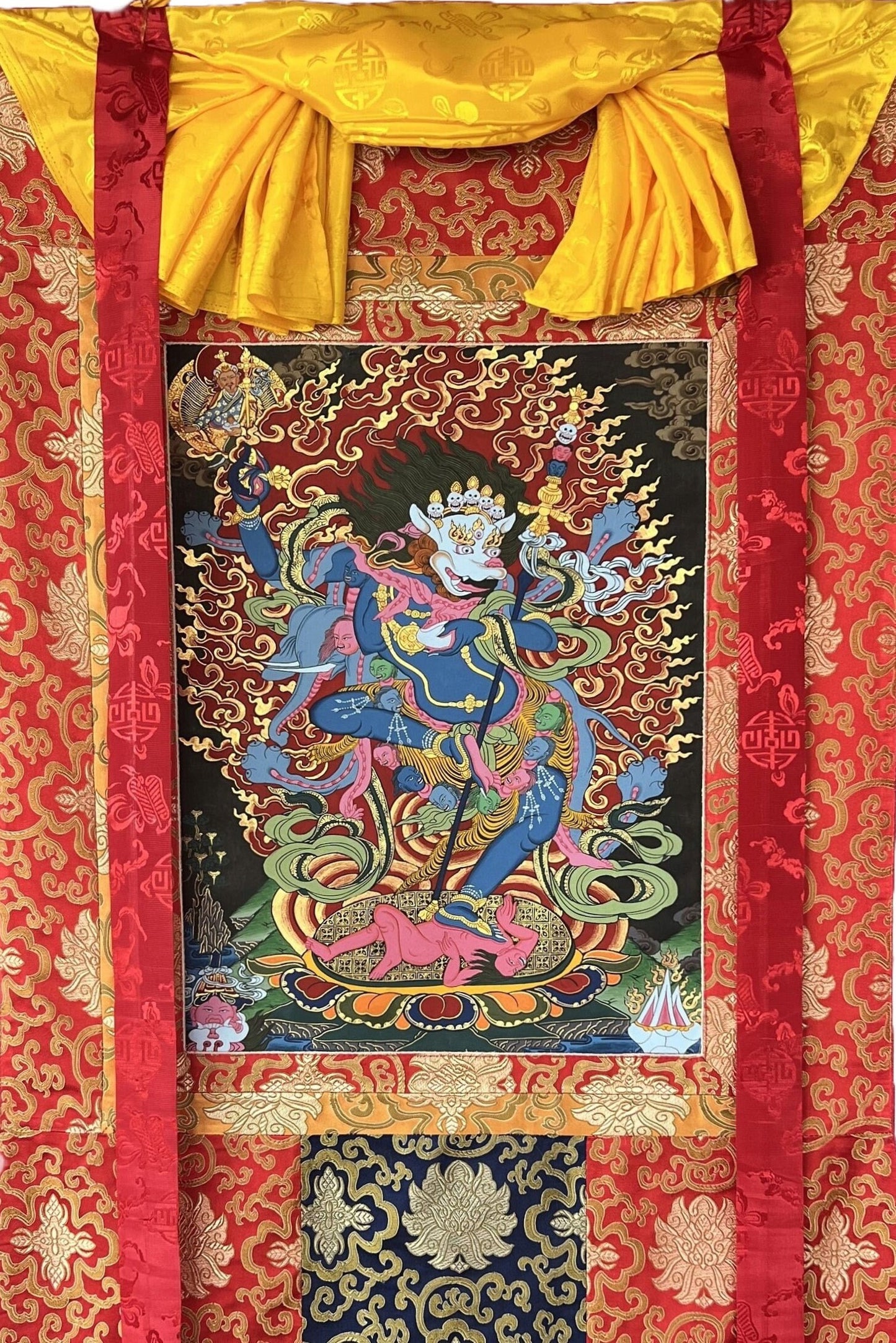 Original Hand-Painted Simhamukhi or Simhamukha Yogini/Lion-Faced Dakini/ Vajrayogini/ Tibetan Thangka Painting with Silk Brocade