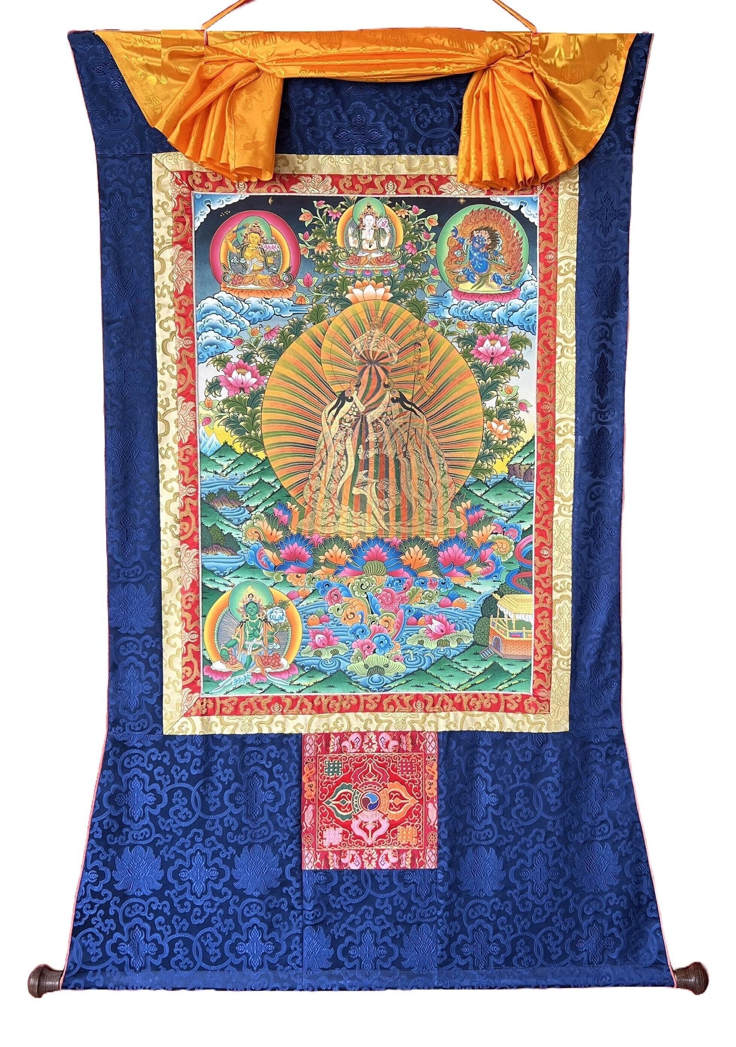 Original Hand-painted Guru Padmasambhava/ Rainbow Body  24 K Gold Large Masterpiece Tibetan Thangka Painting with Traditional Silk Brocade