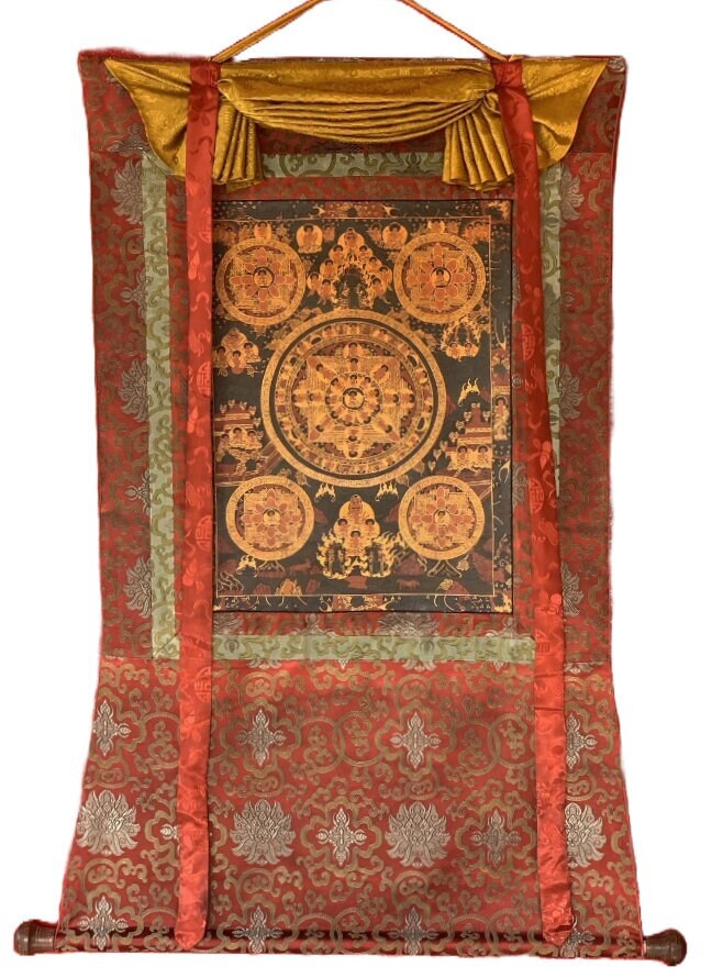 Buddha Life/ Bhavacakra/ Wheel of Life Mandala Old Oil- Varnished Tibetan Thangka Painting with Silk Brocade