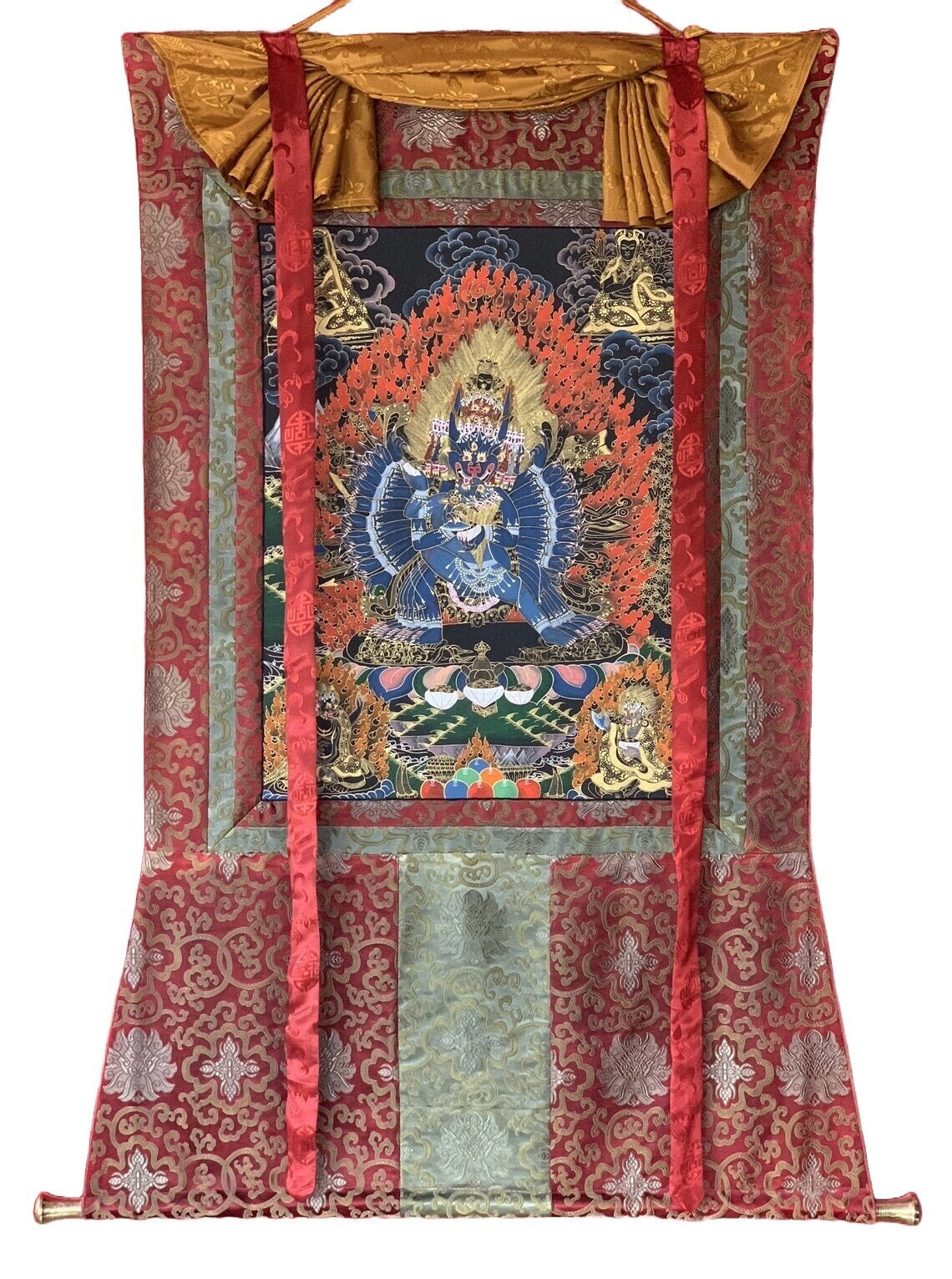 Hand Painted Original Yamantaka with His Consort High-Quality Tibetan Thangka Painting/ wall hanging with Silk Brocade