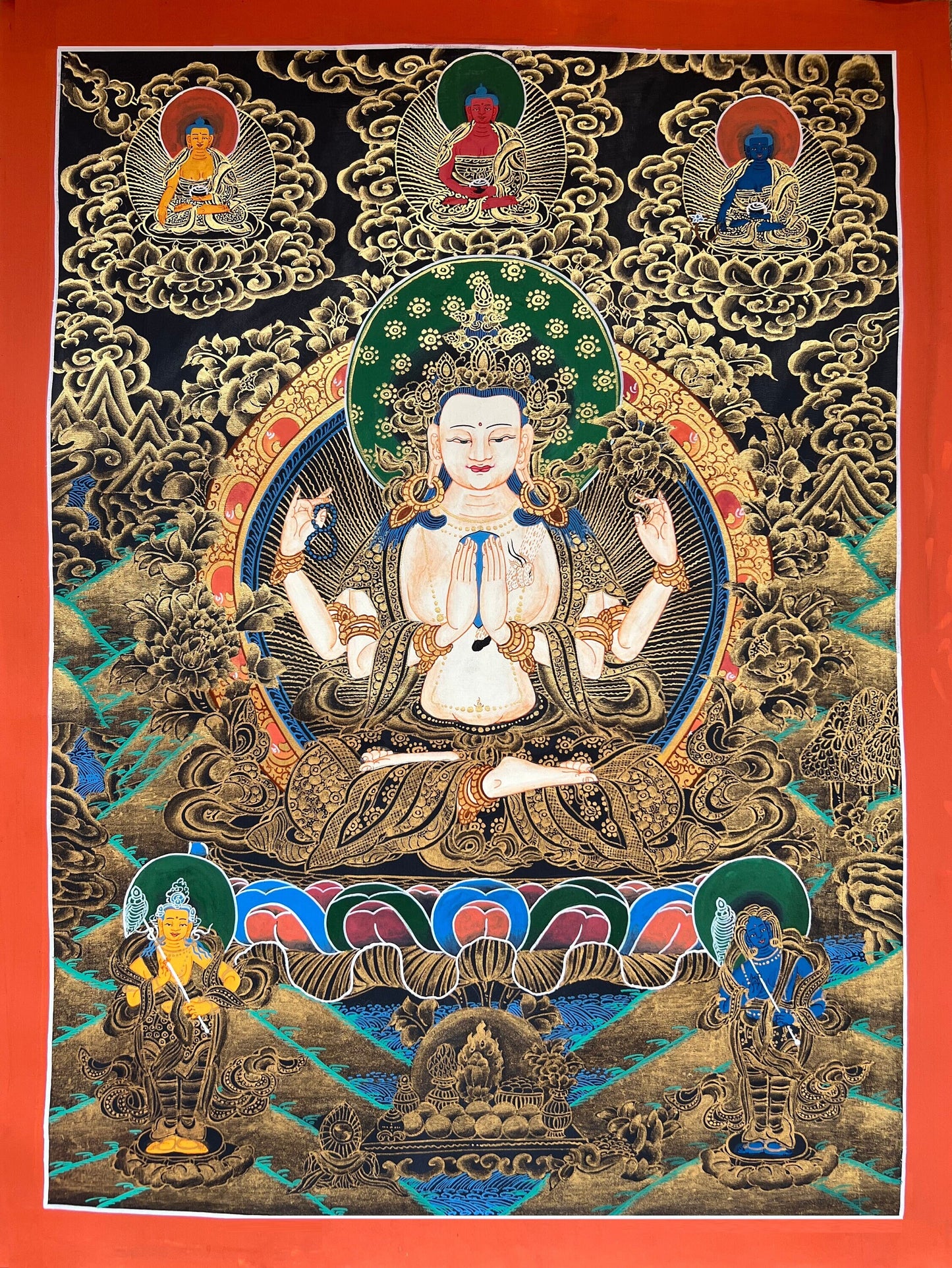 Original Hand Painted Chenrezig / Compassion Buddha Tibetan Meditation Wall Hanging Thangka / Thanka Painting/ Art from Nepal