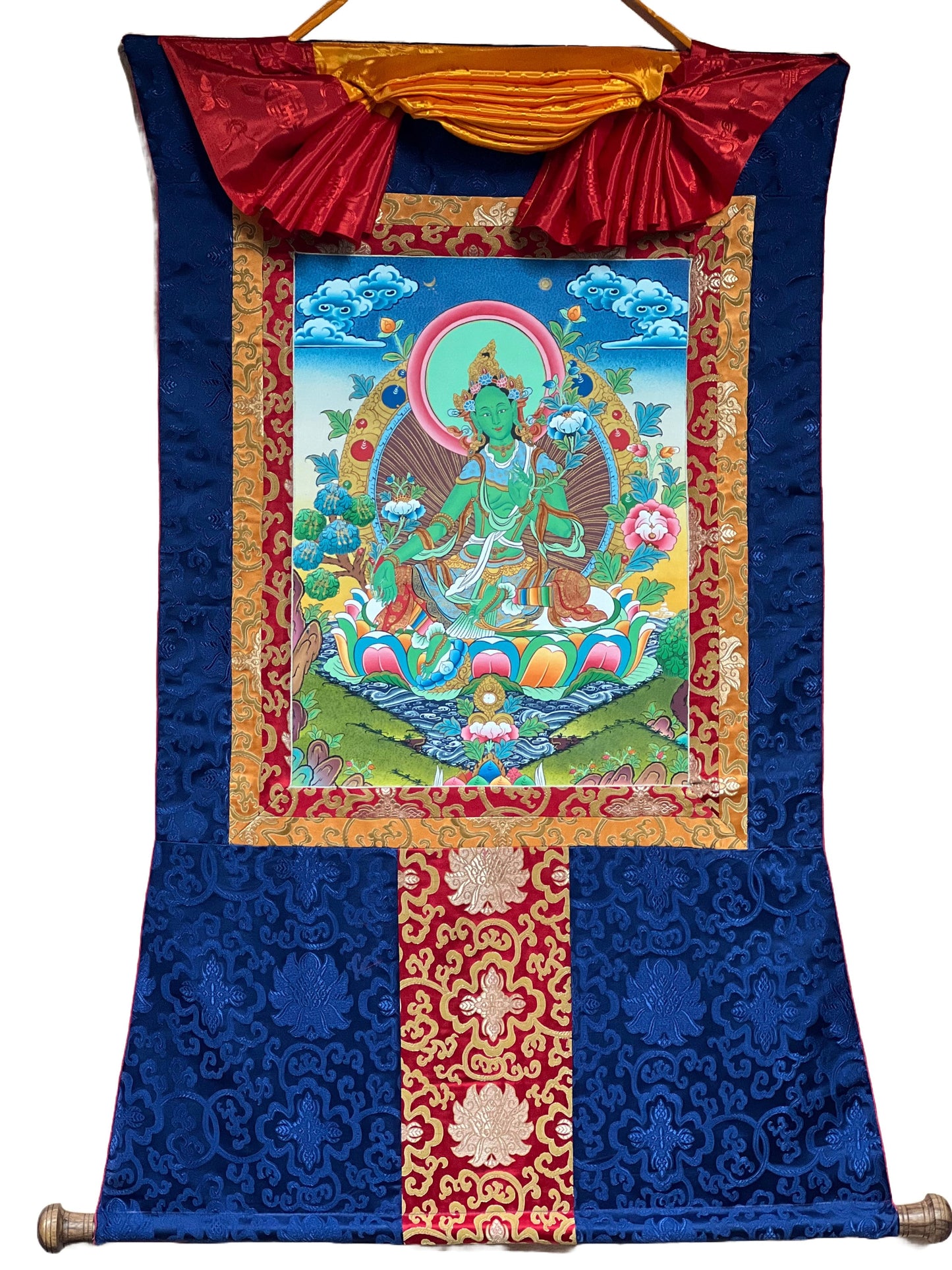 Hand-painted Original Master Quality Green Tara Tibetan Compassion Meditation Thanka  / Thangka Painting with Traditional Silk Brocade