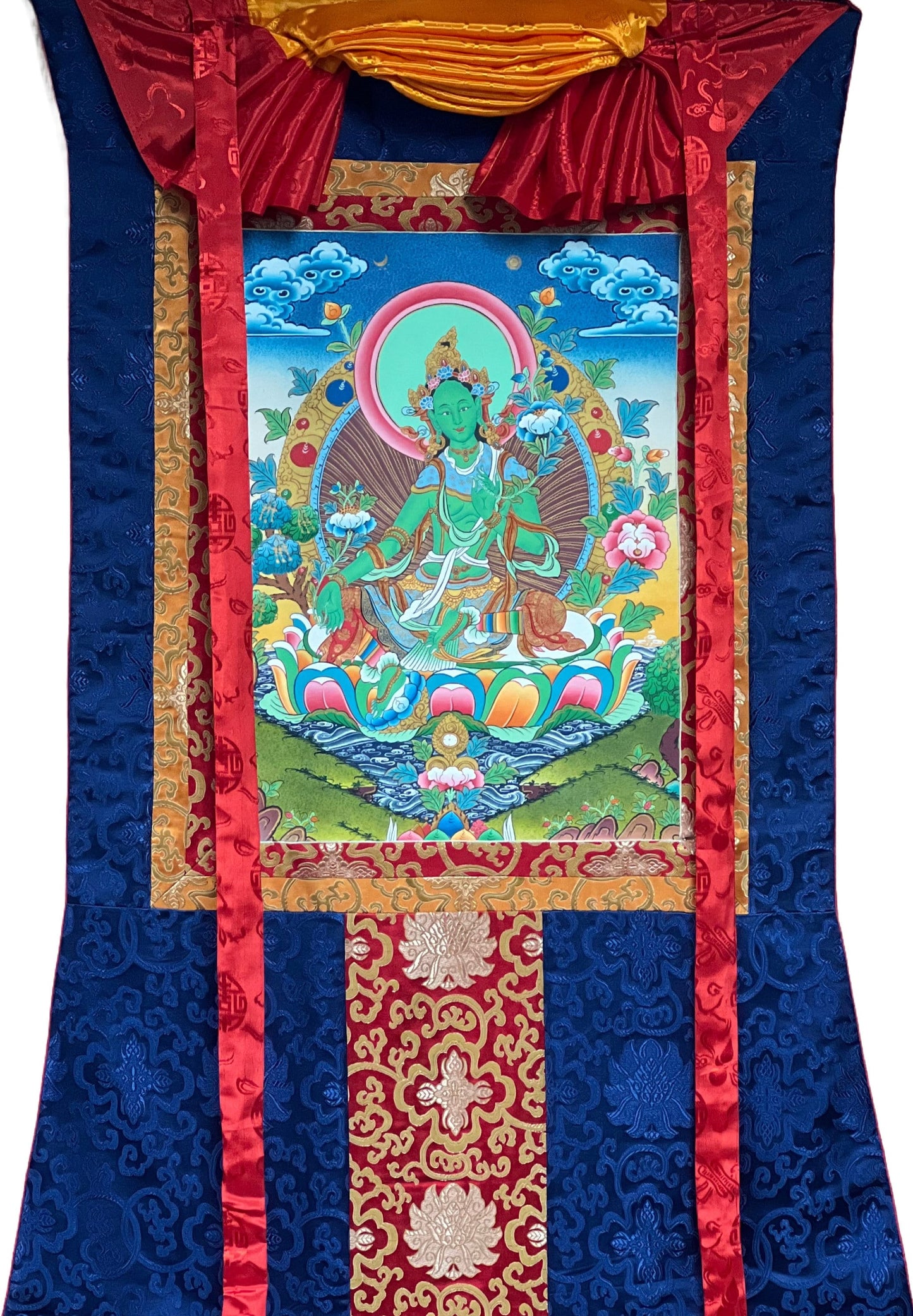 Hand-painted Original Master Quality Green Tara Tibetan Compassion Meditation Thanka  / Thangka Painting with Traditional Silk Brocade