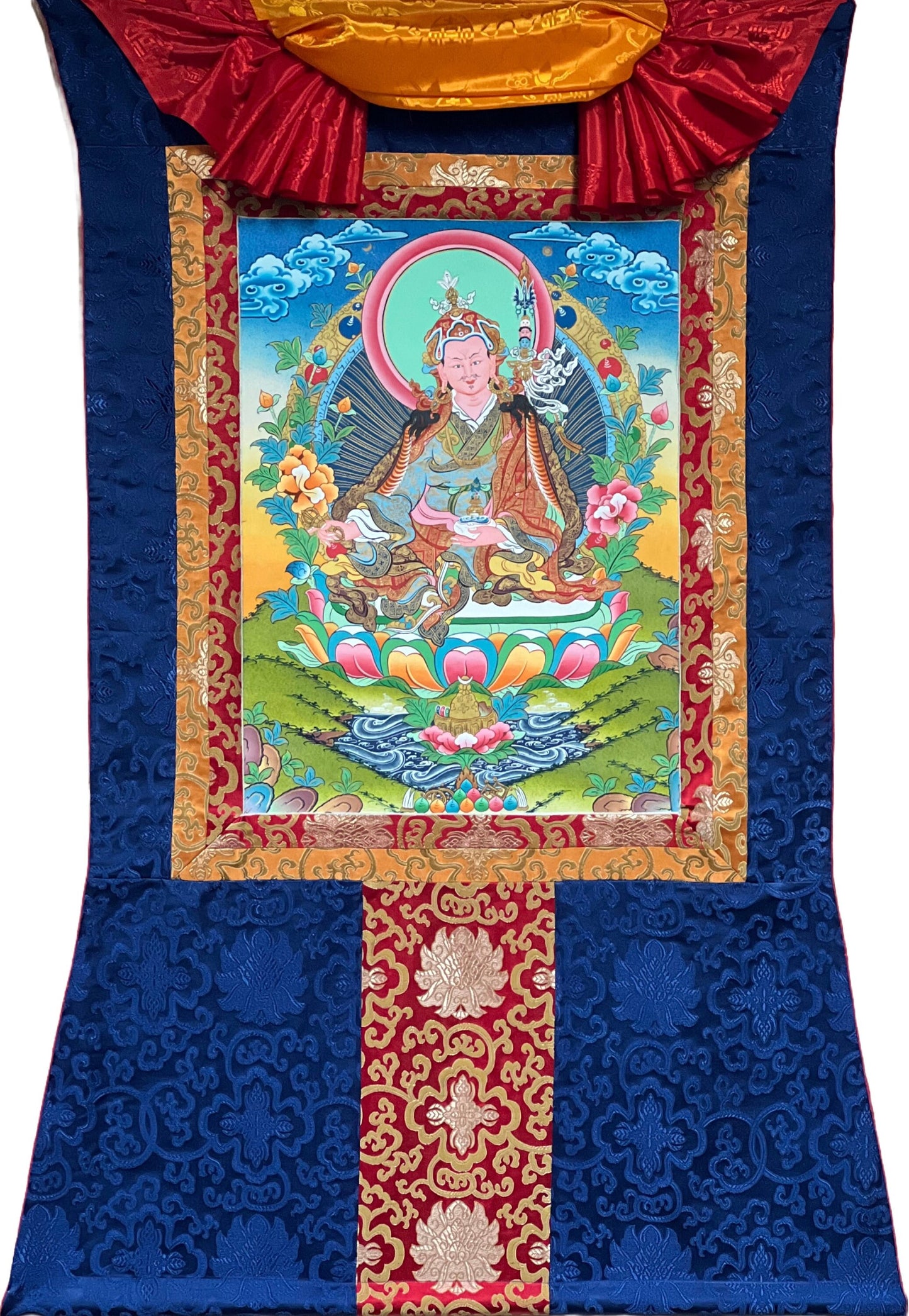 Original Hand-painted Guru Rinpoche Padmasambhava Masterpiece Gold Tibetan Thangka / Thanka  Painting With Traditional Silk Brocade