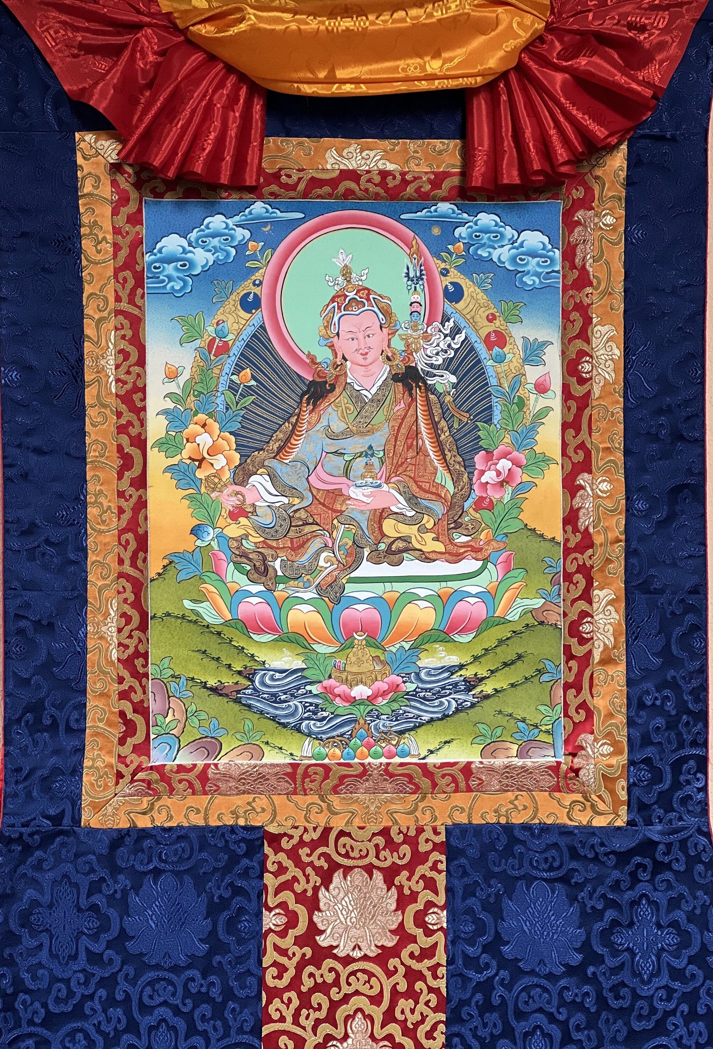 Original Hand-painted Guru Rinpoche Padmasambhava Masterpiece Gold Tibetan Thangka / Thanka  Painting With Traditional Silk Brocade