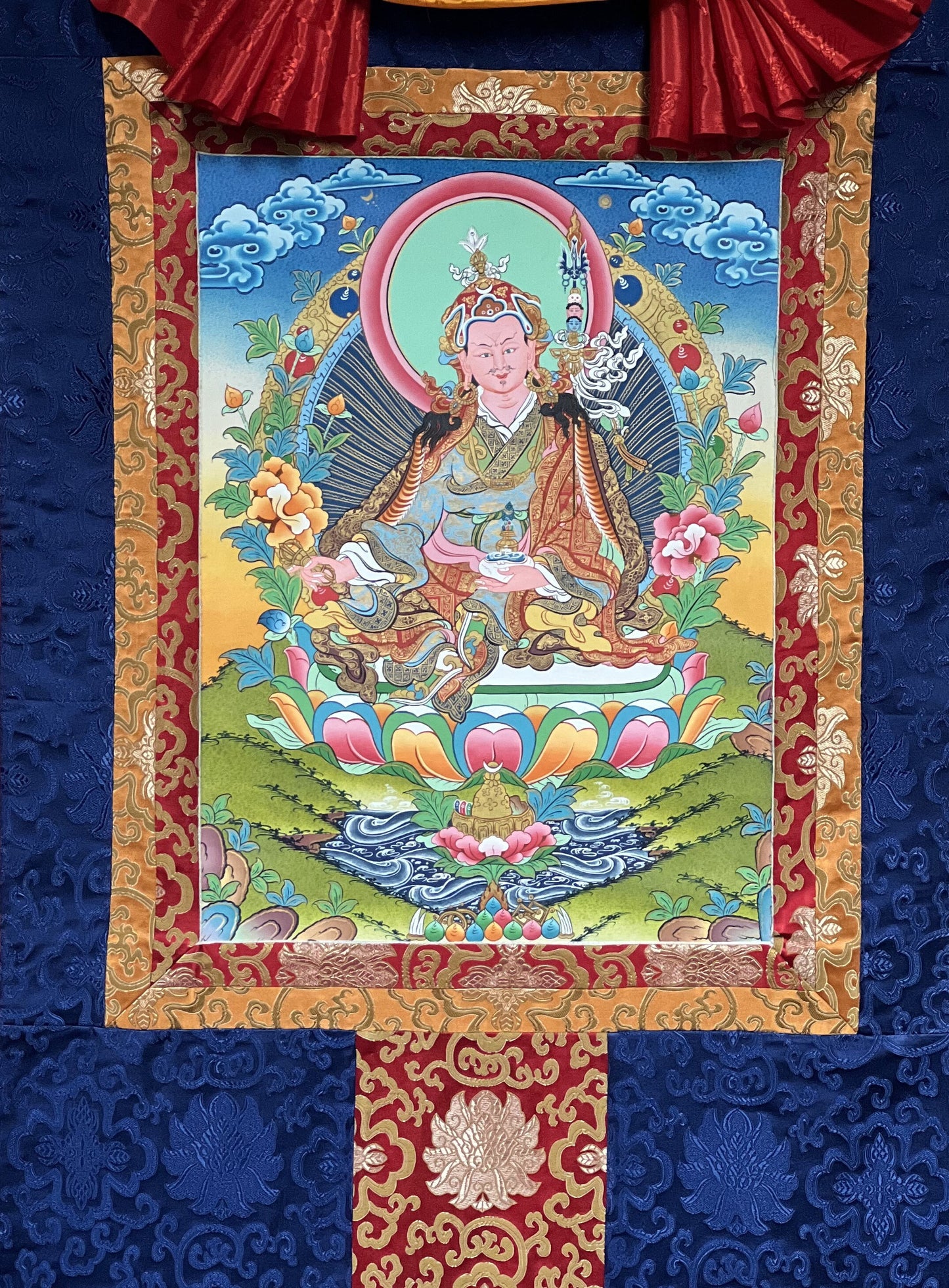 Original Hand-painted Guru Rinpoche Padmasambhava Masterpiece Gold Tibetan Thangka / Thanka  Painting With Traditional Silk Brocade