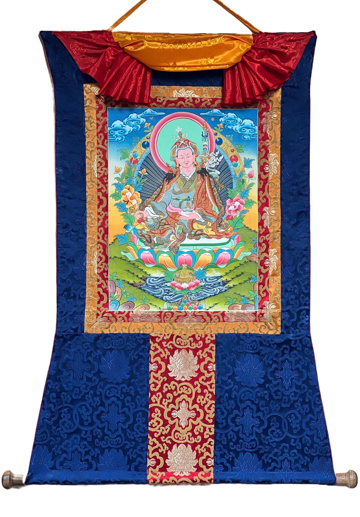 Original Hand-painted Guru Rinpoche Padmasambhava Masterpiece Gold Tibetan Thangka / Thanka  Painting With Traditional Silk Brocade