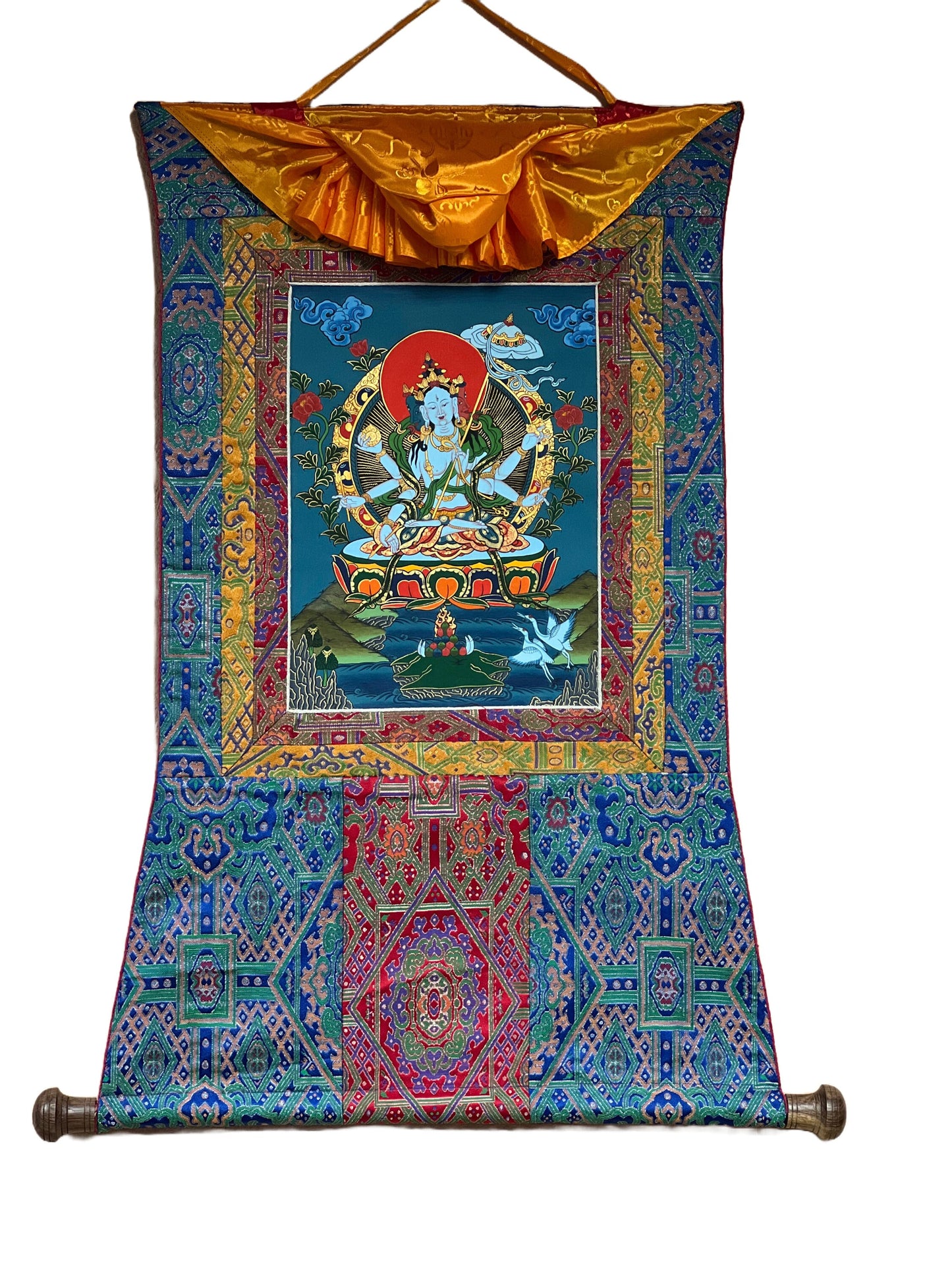 Original Hand painted Master Quality  Dukar/ Dhukar/Sitatapatra Lady of White Umbrella Meditation Tibetan Thangka Painting with Silk Brocade