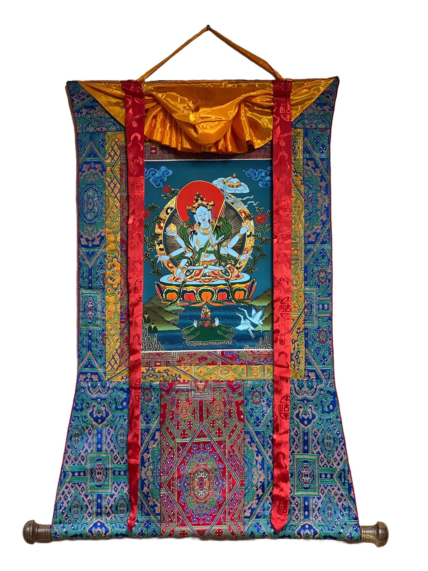 Original Hand painted Master Quality  Dukar/ Dhukar/Sitatapatra Lady of White Umbrella Meditation Tibetan Thangka Painting with Silk Brocade