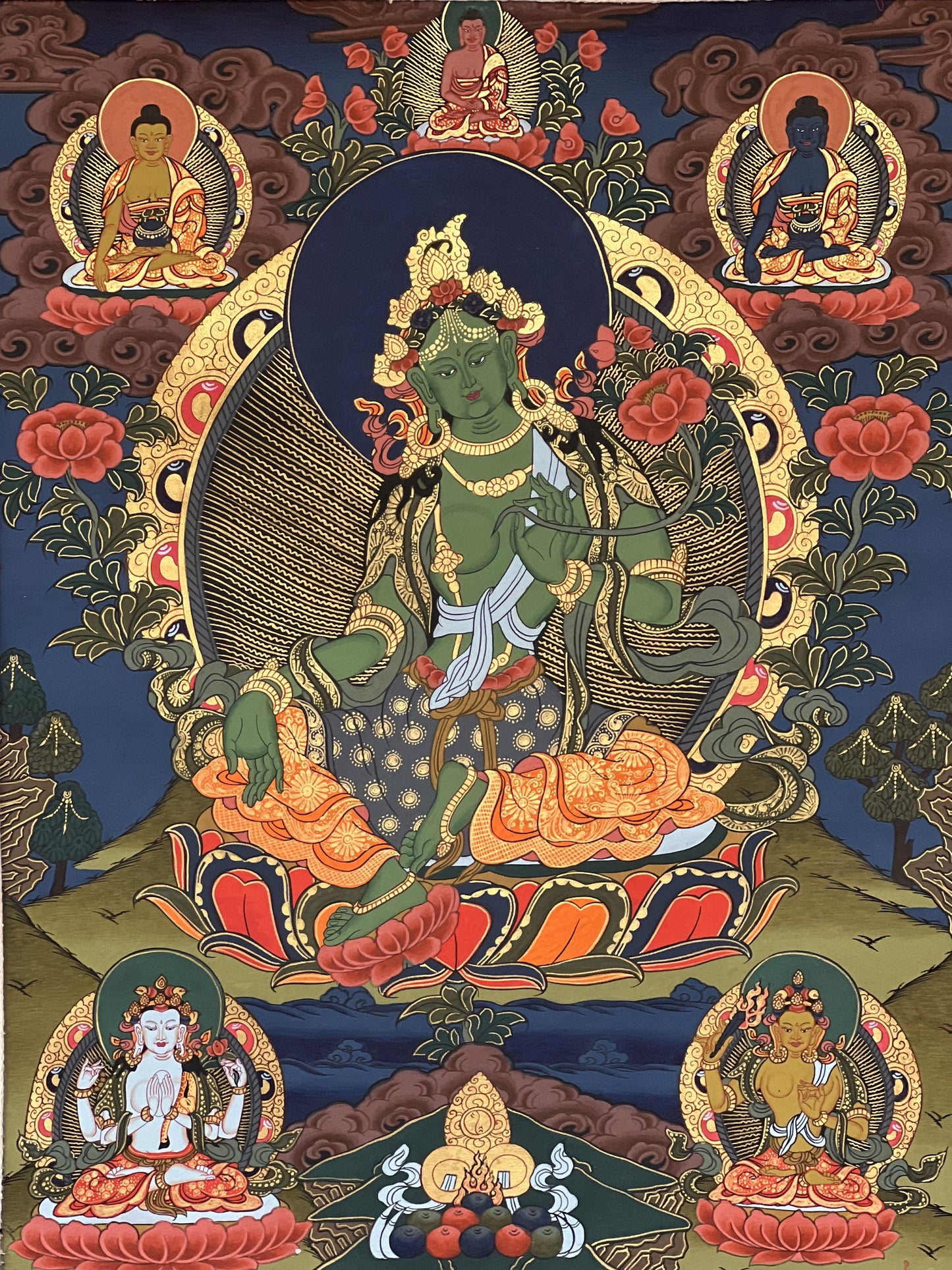 Original Hand-painted, Master Quality Green Tara/ Shyamatara/ Mother Goddess Tibetan Thangka  Painting  with Silk Brocade