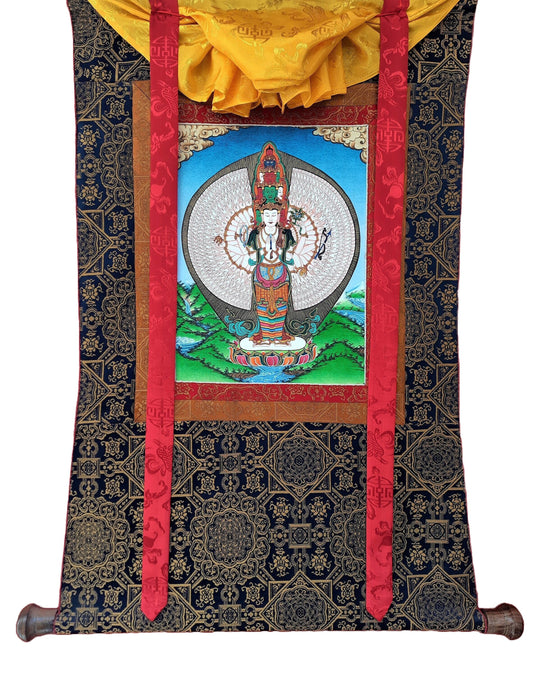 Original Hand Painted 1000 ARMED AVALOKITESHVARA /Lokeshwor/ 24k Gold Tibetan  hangka / Thanka  Painting High Quality Silk Framed