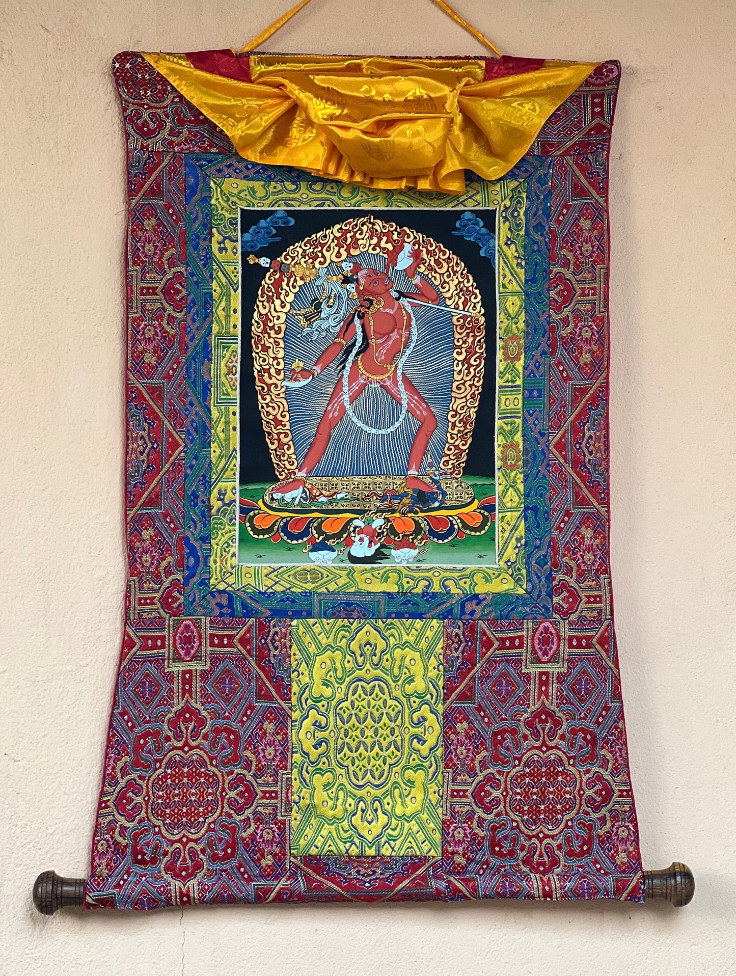 Original Hand- Painted Vajrayogini/ Jogini/ Dakini Master Quality Tibetan Thangka Painting with Premium Silk Brocade