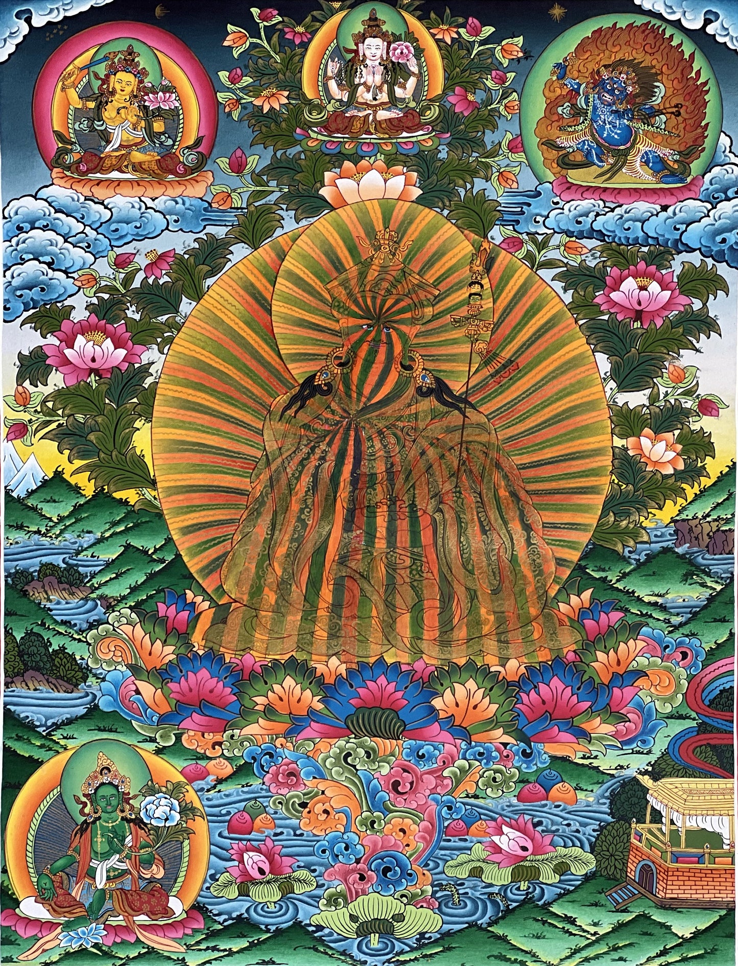 Original Hand-painted Guru Rainbow Body Padmasambhava High-Quality Masterpiece Gold Tibetan Thangka Painting Compassion Meditation Art