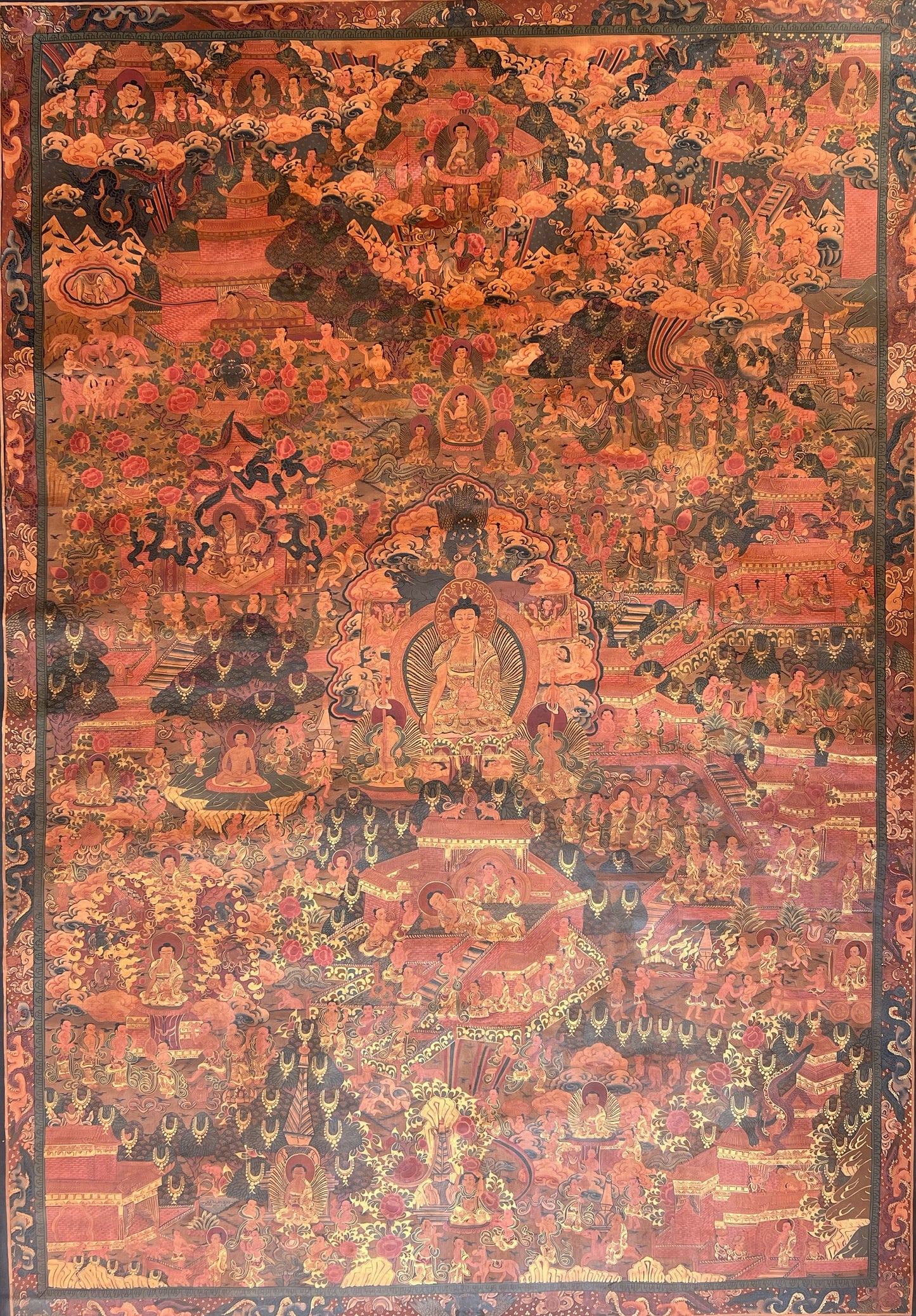 Hand-Painted Masterpiece Buddha Life Story - Large Oil-Varnished Tibetan Thangka Painting, Perfect for a Grand Home/ Office/ Sacred Shrine