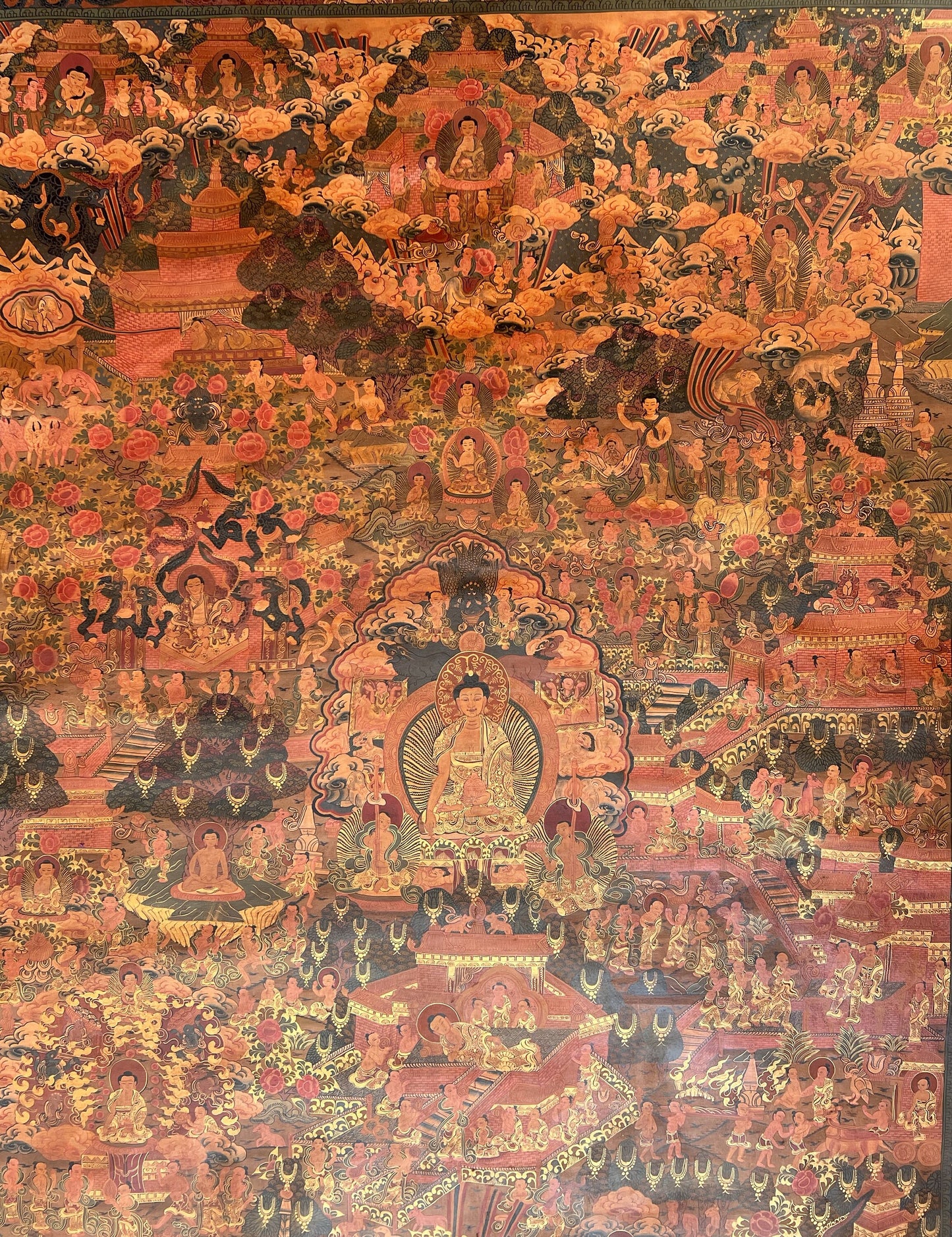 Hand-Painted Masterpiece Buddha Life Story - Large Oil-Varnished Tibetan Thangka Painting, Perfect for a Grand Home/ Office/ Sacred Shrine