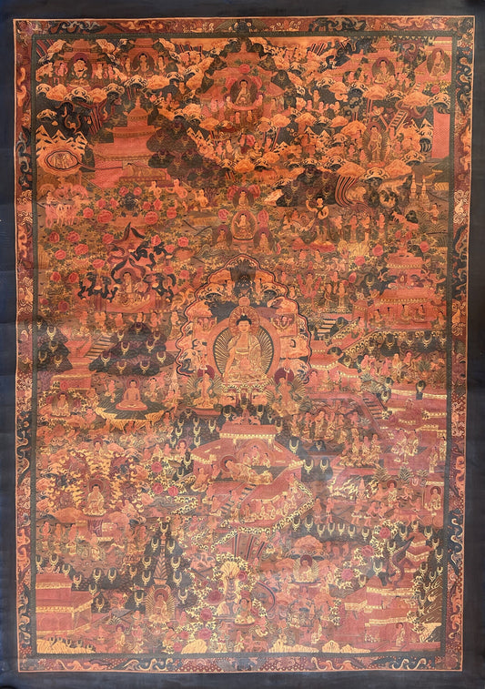 Hand-Painted Masterpiece Buddha Life Story - Large Oil-Varnished Tibetan Thangka Painting, Perfect for a Grand Home/ Office/ Sacred Shrine