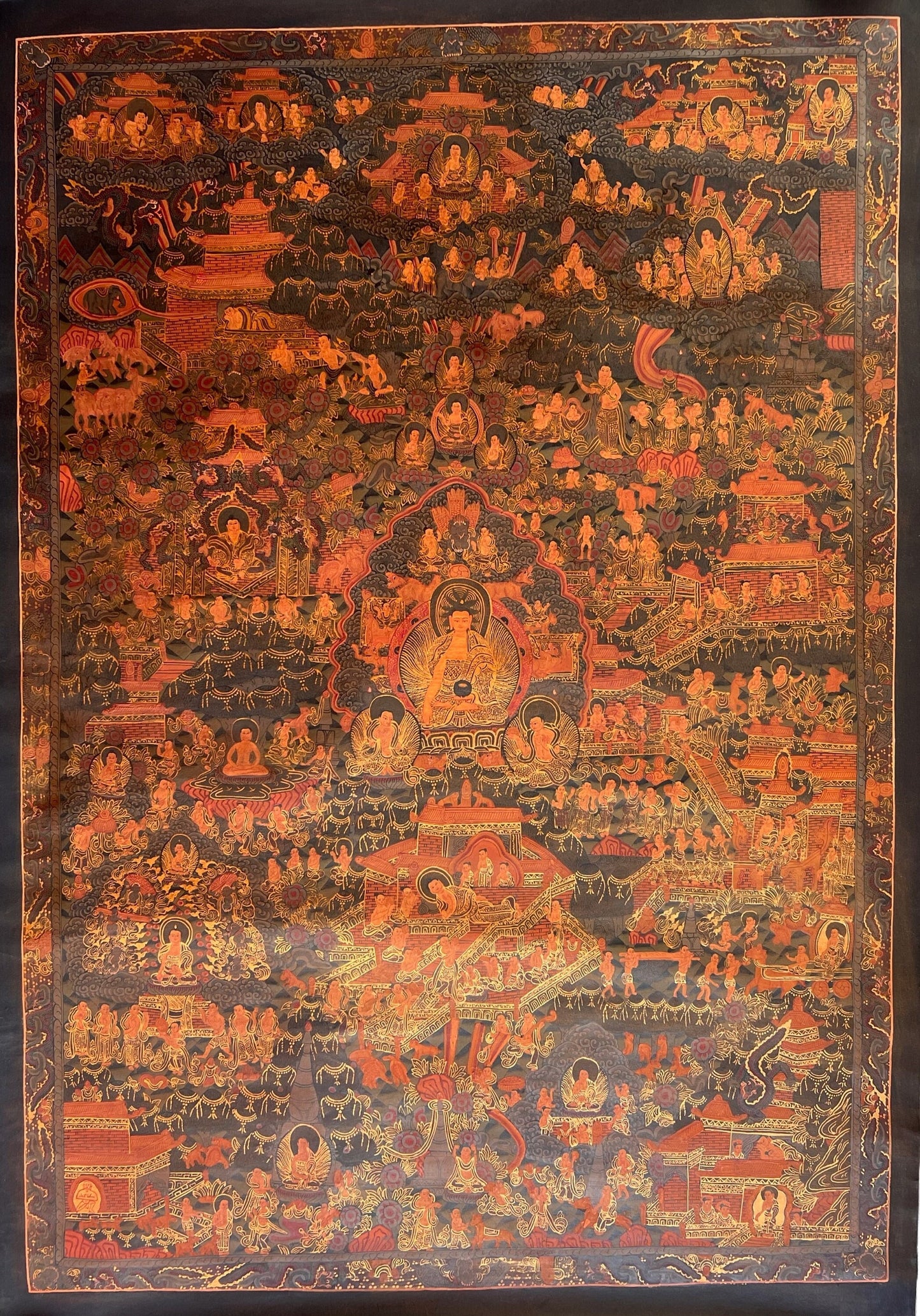 Hand-Painted Masterpiece Buddha Life Story - Large Oil-Varnished Tibetan Thangka Painting, Perfect for  Grand Home/ Office/ Sacred Shrine