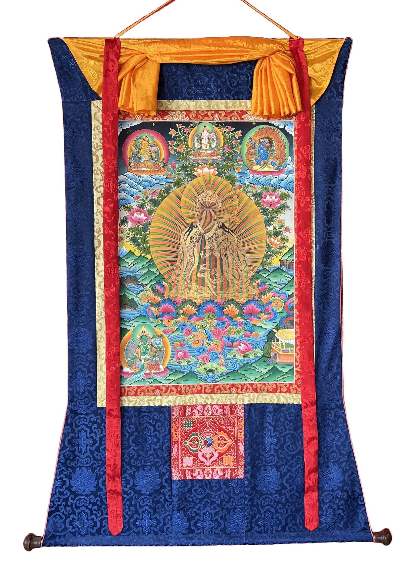 Original Hand-painted Guru Padmasambhava/ Rainbow Body  24 K Gold Large Masterpiece Tibetan Thangka Painting with Traditional Silk Brocade