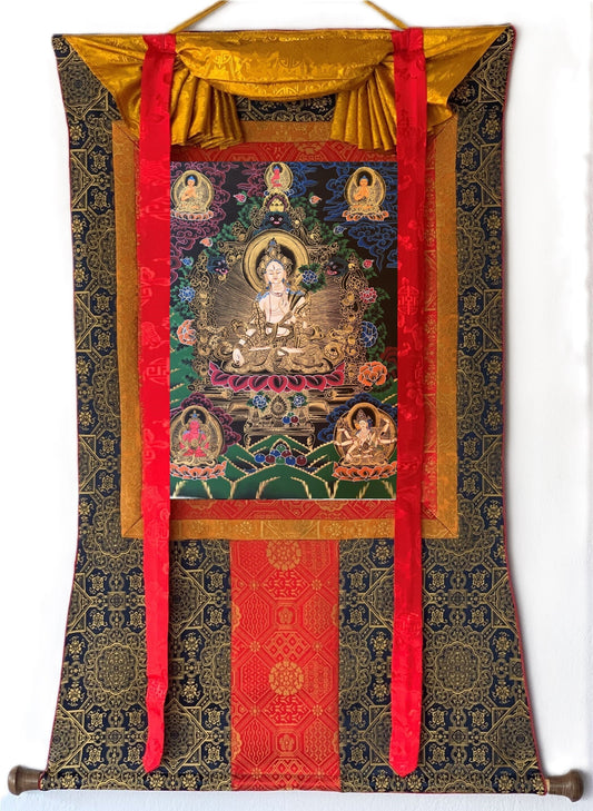 Original Hand-painted White Tara  Mother Goddess Tibetan Thangka Painting with Premium Khadi Silk Brocade