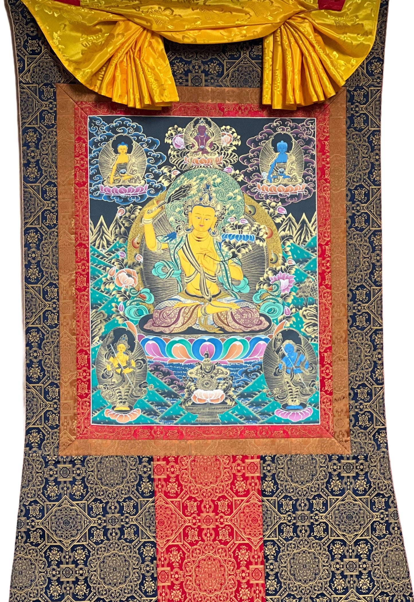 Hand-painted Master Quality Manjushri/ Manjushree,  God of Divine Wisdom, Original Tibetan Thangka Painting Framed with Premium Silk