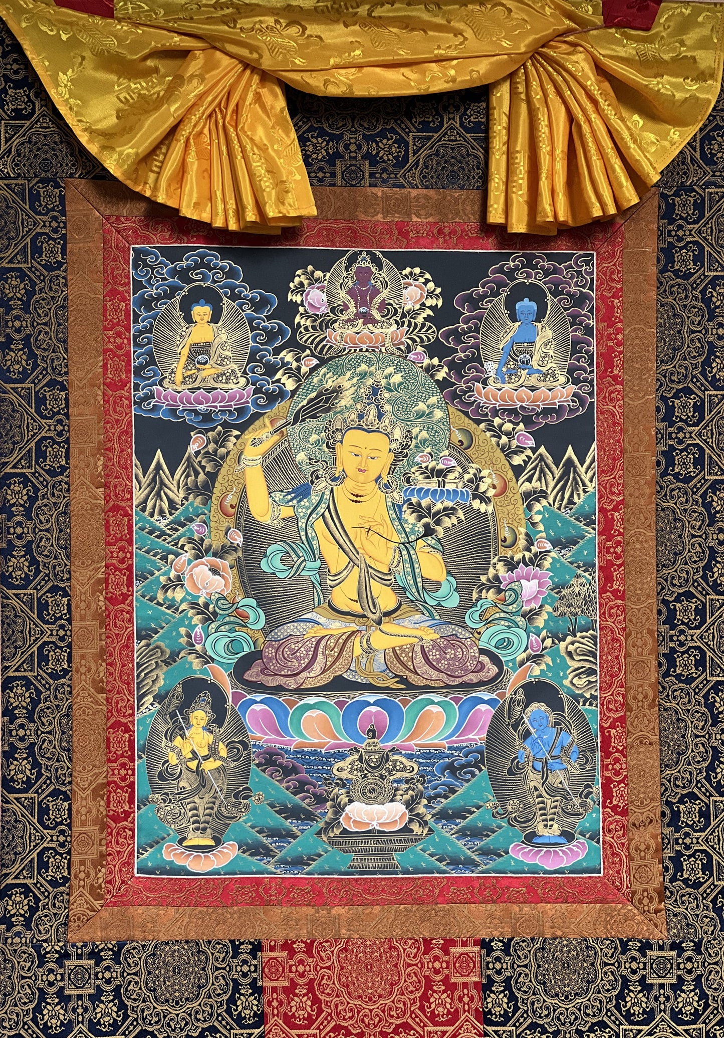 Hand-painted Master Quality Manjushri/ Manjushree,  God of Divine Wisdom, Original Tibetan Thangka Painting Framed with Premium Silk