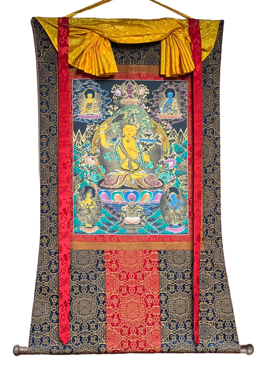 Hand-painted Master Quality Manjushri/ Manjushree,  God of Divine Wisdom, Original Tibetan Thangka Painting Framed with Premium Silk