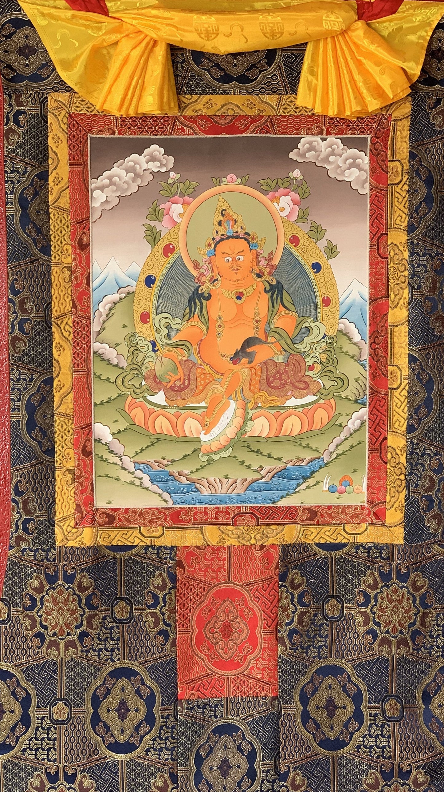 Original Hand Painted Kubera, God Of Wealth  Tibetan Compassion / Meditation Wall hanging Thangka / Thanka  Painting with Premium Silk Frame