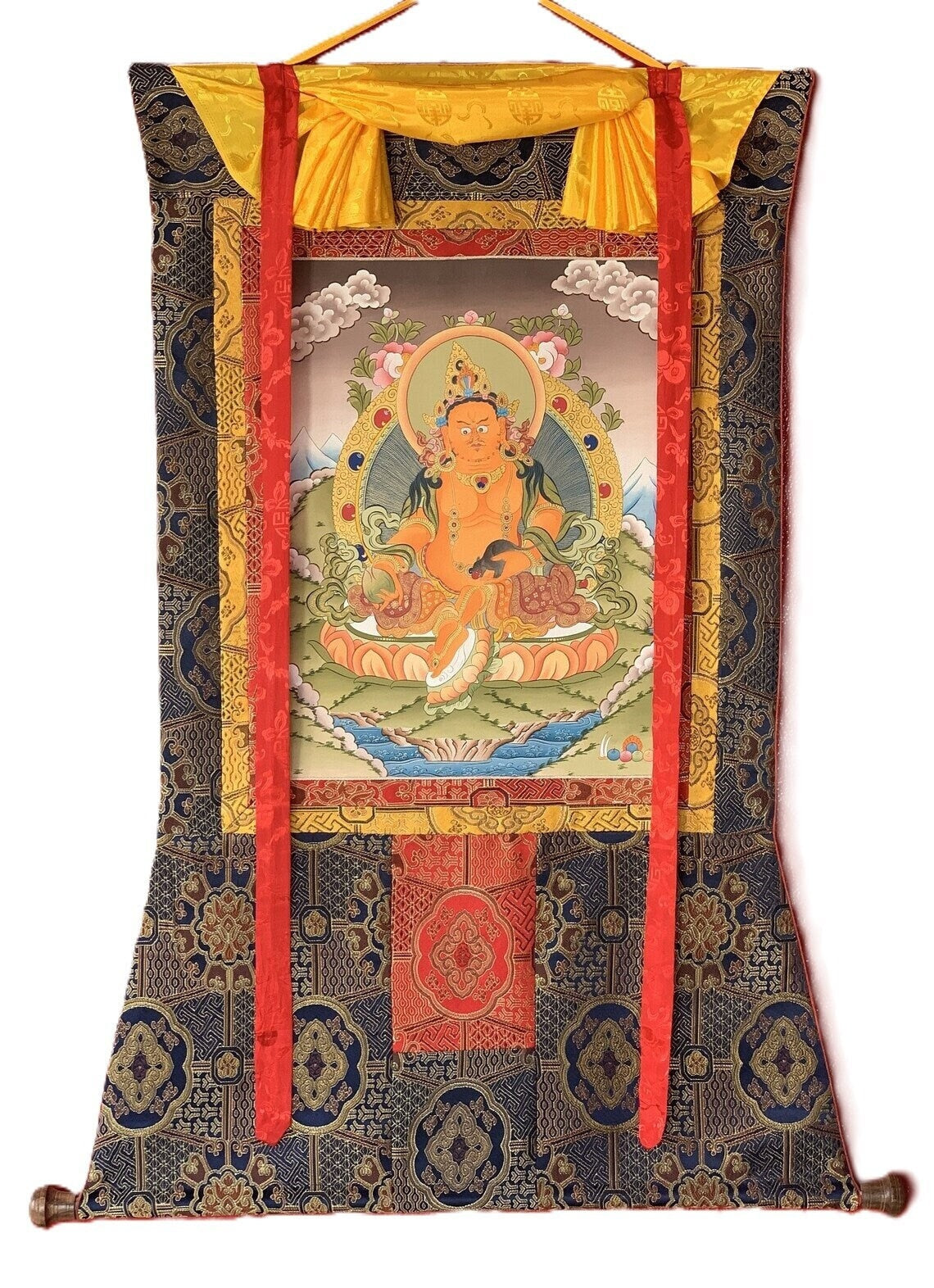 Original Hand Painted Kubera, God Of Wealth  Tibetan Compassion / Meditation Wall hanging Thangka / Thanka  Painting with Premium Silk Frame