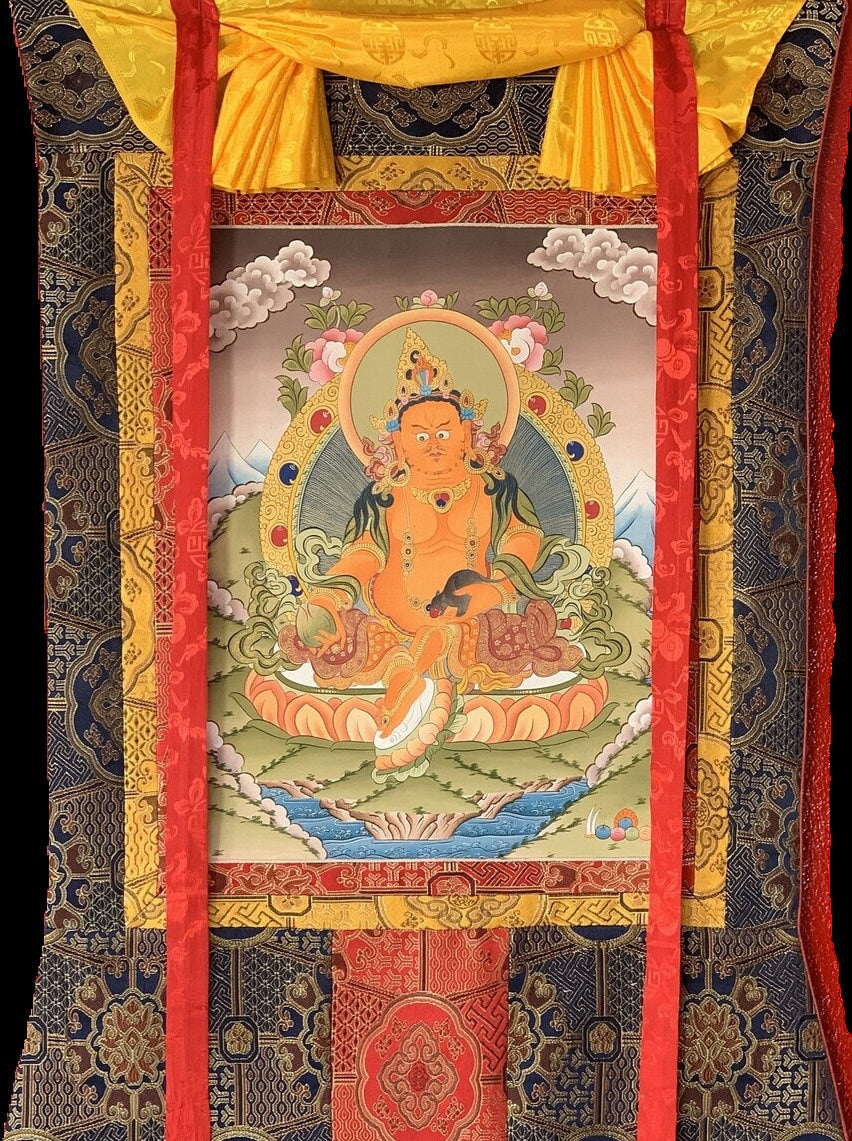 Original Hand Painted Kubera, God Of Wealth  Tibetan Compassion / Meditation Wall hanging Thangka / Thanka  Painting with Premium Silk Frame