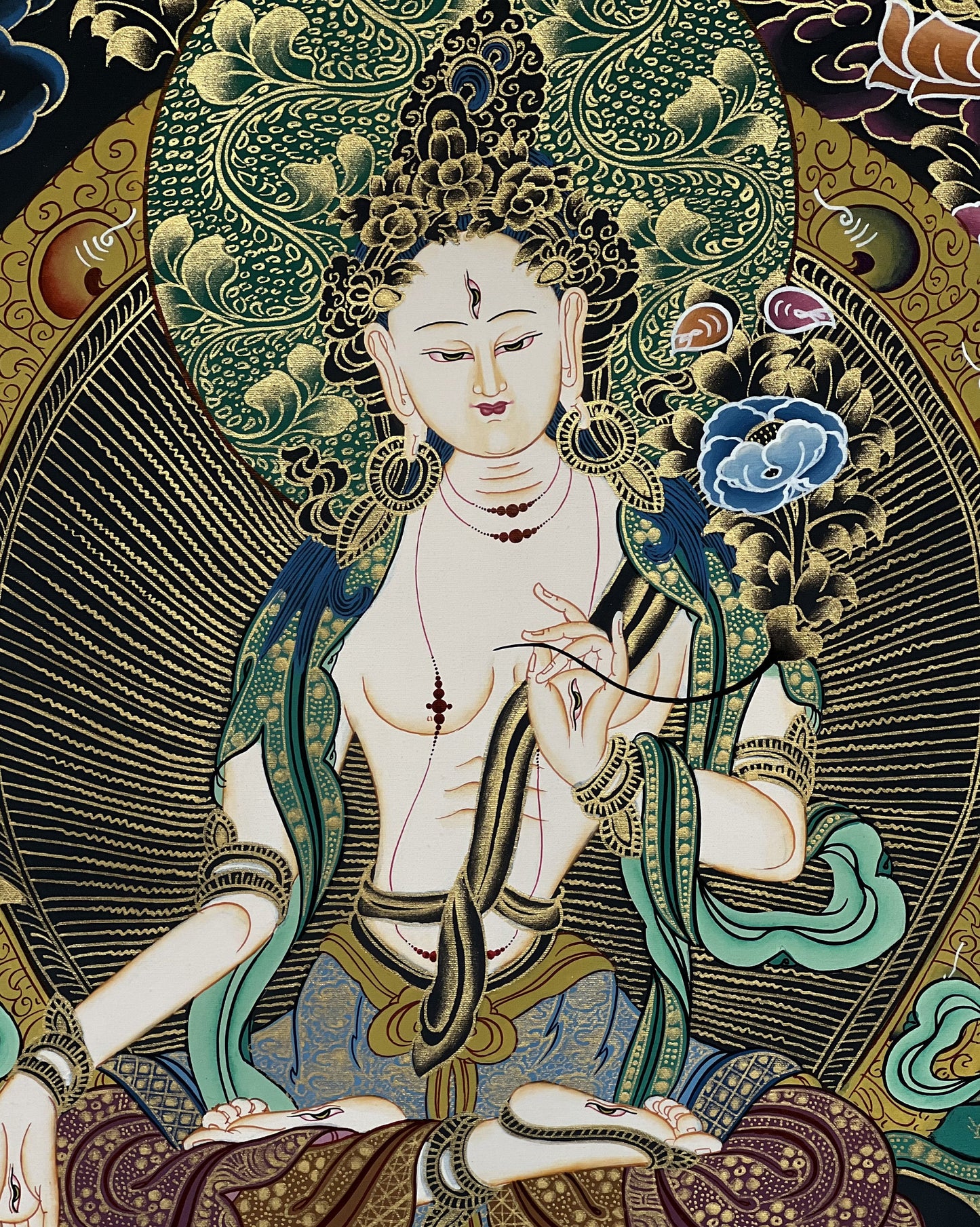 Original Hand-painted White Tara/ Mother Goddess Compassion Meditation Tibetan Thangka Painting Bordered with High-quality silk