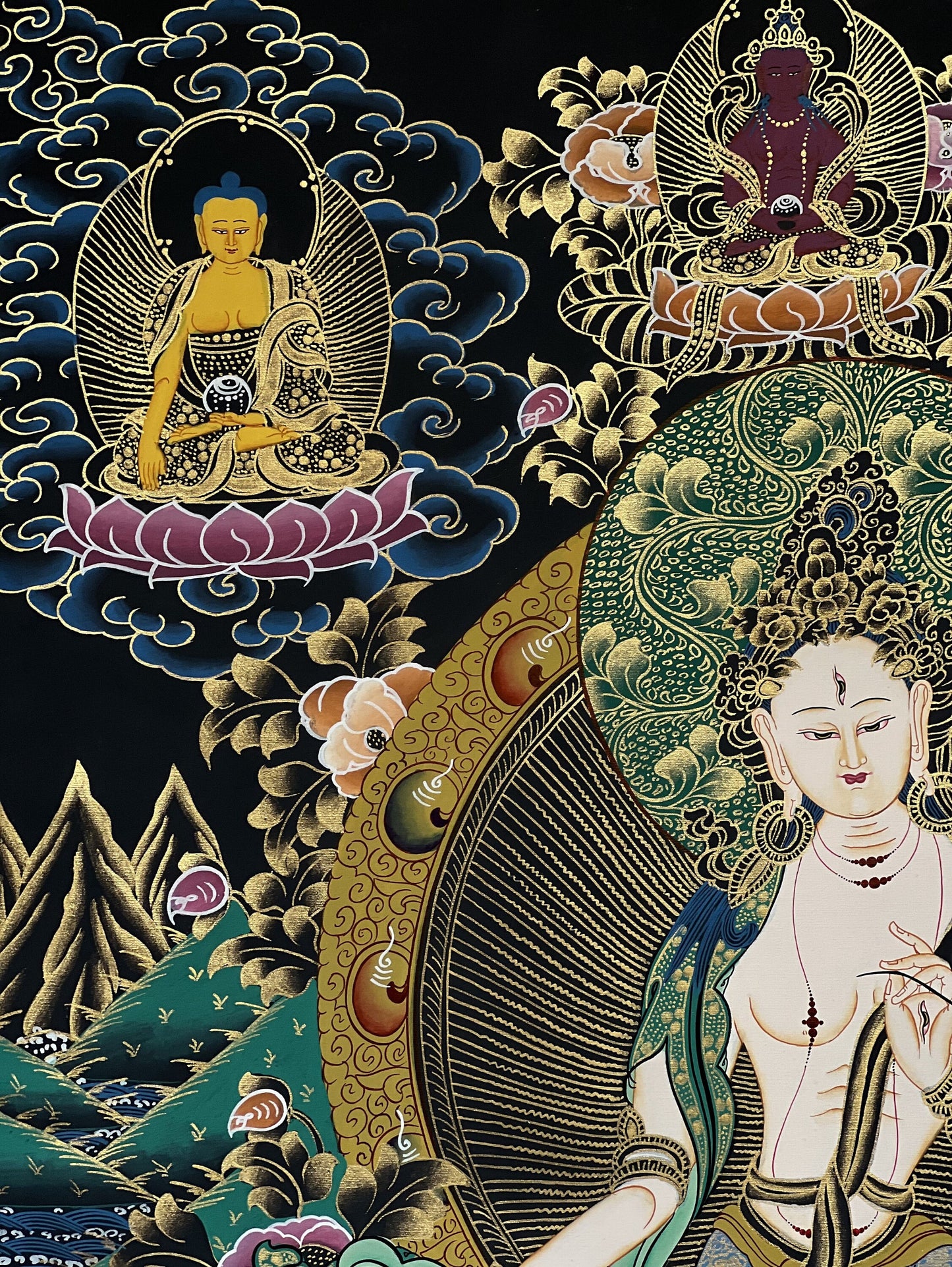 Original Hand-painted White Tara/ Mother Goddess Compassion Meditation Tibetan Thangka Painting Bordered with High-quality silk