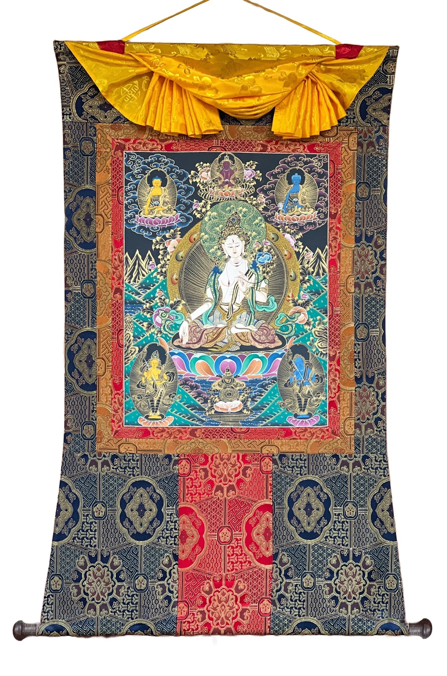 Original Hand-painted White Tara/ Mother Goddess Compassion Meditation Tibetan Thangka Painting Bordered with High-quality silk