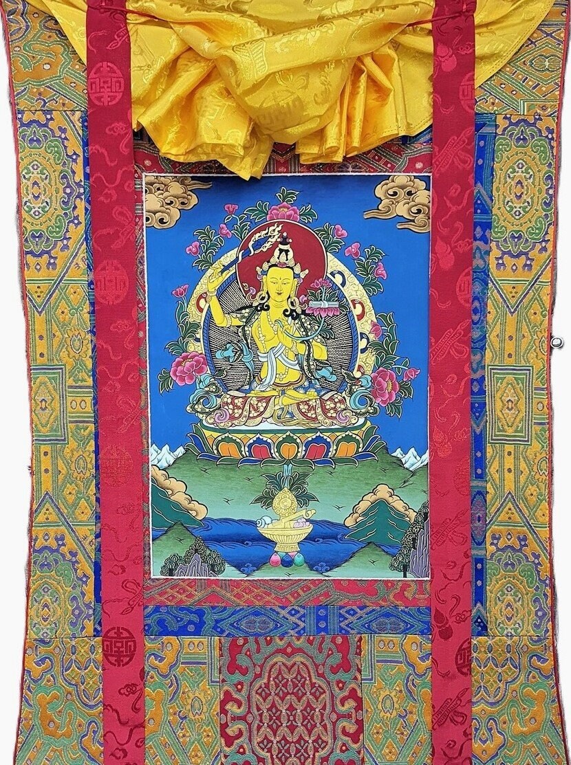 Original Hand-painted Master Quality Manjushri/ Manjushree God of Divine Wisdom Tibetan Thangka Painting with High-Quality Silk Brocade