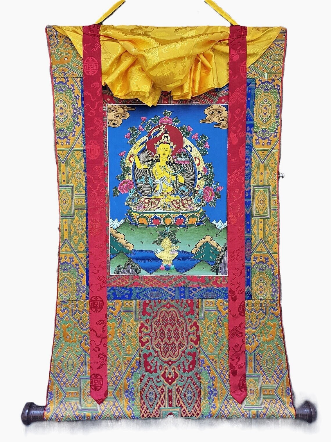 Original Hand-painted Master Quality Manjushri/ Manjushree God of Divine Wisdom Tibetan Thangka Painting with High-Quality Silk Brocade