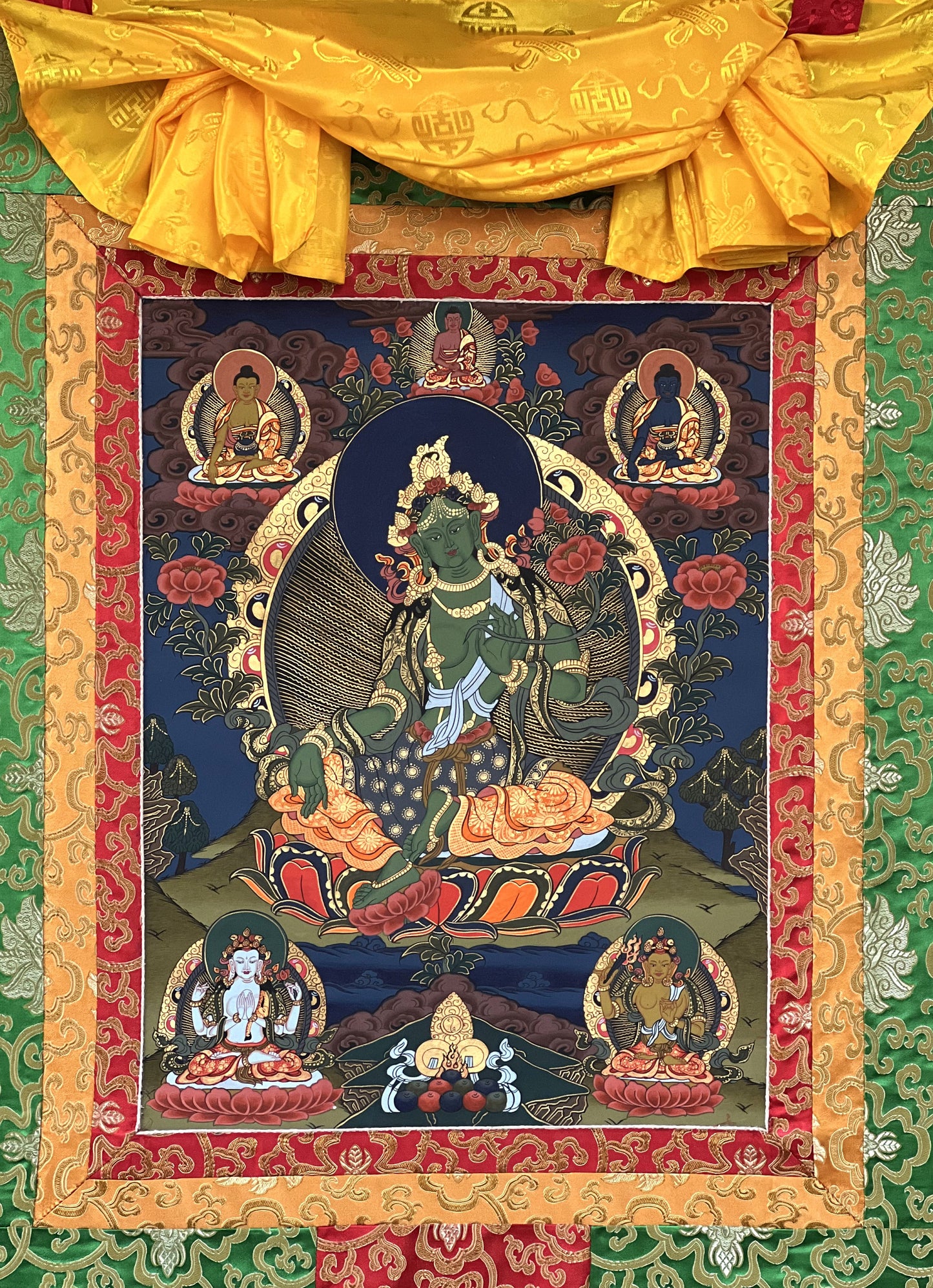 Original Hand-painted, Master Quality Green Tara/ Shyamatara/ Mother Goddess Tibetan Thangka  Painting  with Silk Brocade