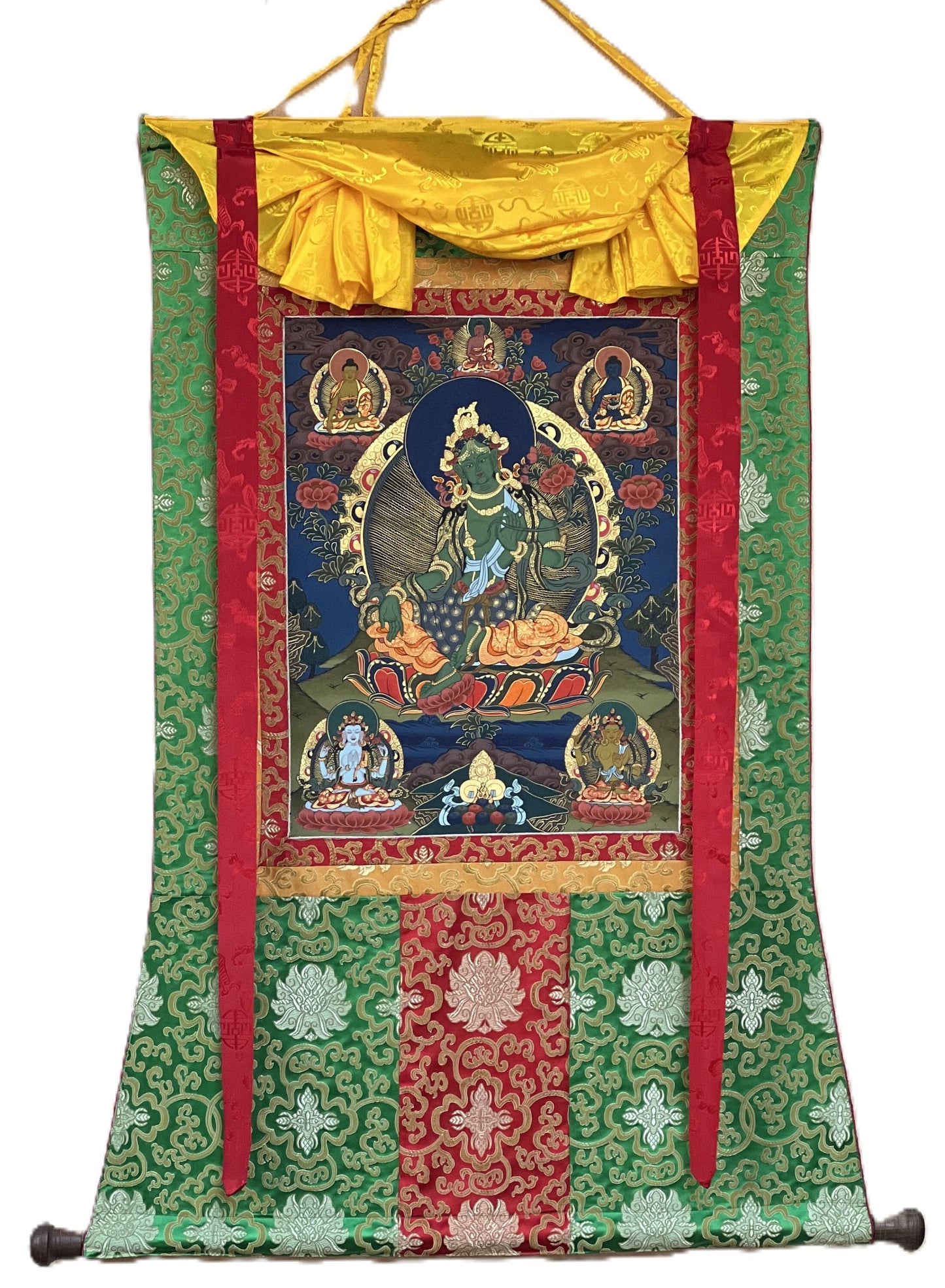 Original Hand-painted, Master Quality Green Tara/ Shyamatara/ Mother Goddess Tibetan Thangka  Painting  with Silk Brocade